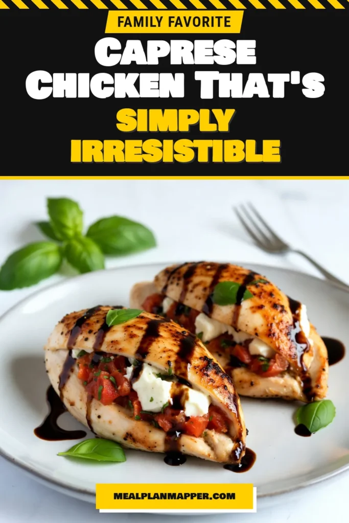 Indulge in this Caprese stuffed chicken recipe, perfect for a healthy chicken dinner that’s both easy and delicious. With juicy easy stuffed chicken breasts filled with fresh mozzarella, tomatoes, and basil, this mozzarella tomato basil chicken is sure to impress. Drizzled with a balsamic glaze, this baked chicken with balsamic glaze is a meal everyone will love. Click for the full recipe and save it for your next dinner! #CapreseChicken #HealthyDinner #EasyRecipes #BakedChicken