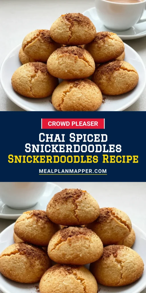 Indulge in the warmth of Spiced Chai Snickerdoodles! This delicious Chai Cookies Recipe combines traditional snickerdoodles with aromatic spices like cinnamon and ginger for a unique Snickerdoodle Cookie Variation that's perfect for any occasion. These easy spiced cookies are a must-try! Bake a batch today and savor each bite. Save this recipe for a delightful treat! #SpicedChaiSnickerdoodles #ChaiCookiesRecipe #EasySpicedCookies #CinnamonGingerCookies