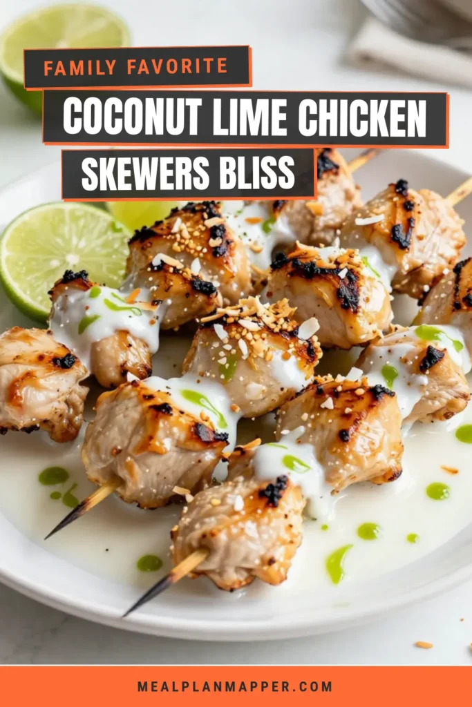 Elevate your summer grilling with these Coconut Lime Chicken Skewers! This easy coconut chicken recipe combines juicy marinated chicken with tropical flavors for a perfect dish. Ideal as a party appetizer or quick weeknight meal, our grilled chicken skewers recipe is sure to impress. Try these marinade chicken skewers at your next BBQ and taste the tropical goodness! Save this recipe to your board today! #CoconutLimeChickenSkewers #GrilledChickenSkewers #TropicalChickenSkewers #EasyCoconutChickenRecipe
