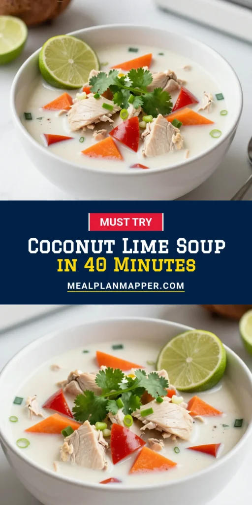 Discover this delicious and healthy Coconut Lime Chicken Soup that's perfect for any day! This easy chicken soup recipe features tender chicken, vibrant veggies, and creamy coconut milk, making it a cozy meal for your whole family. With zesty lime to elevate the flavors, this creamy coconut soup will surely be a hit. Try this lime chicken soup recipe today and enjoy a burst of tropical goodness in every bowl! Save this recipe for later! #CoconutLimeChickenSoup #HealthyCoconutChickenSoup #EasyChickenSoupRecipe #CreamyCoconutSoup