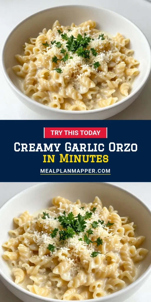 Indulge in this creamy garlic parmesan orzo, a perfect easy dish for any night! This vegetarian pasta recipe combines rich flavors of garlic and parmesan with smooth orzo pasta and cream for a comforting meal. Discover how simple it is to whip up this creamy garlic parmesan orzo that will impress your guests. Save this recipe now and bring a delightful twist to your dinner table! #CreamyGarlicParmesanOrzo #EasyOrzoRecipes #VegetarianPastaDishes #GarlicParmesanPasta