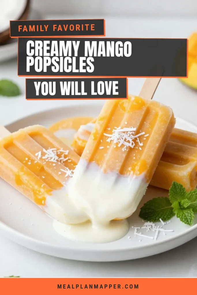 Indulge in these creamy coconut mango popsicles, the perfect tropical fruit treat for hot days! This easy mango popsicle recipe combines ripe mangoes, creamy coconut milk, and Greek yogurt for a delicious homemade popsicle with coconut milk. Enjoy healthy frozen treats that your whole family will love. Make your summer sweeter by trying these today! #MangoPopsicleRecipe #HealthyFrozenTreats #TropicalFruitPopsicles #PopsicleRecipe