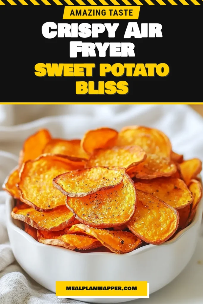 Indulge in homemade sweet potato chips with this easy sweet potato chips recipe! These crispy air fryer sweet potato chips are the perfect healthy air fryer snacks. Made with just two medium sweet potatoes and a handful of seasonings, they deliver big flavor with minimal effort. Get your air fryer ready and treat yourself to this delicious air fryer vegetable recipe today. Save this recipe for a healthier snacking option! #HealthySnacks #AirFryerRecipes #SweetPotatoes #SnackTime
