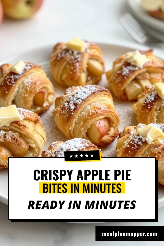 Indulge in these delightful Apple Pie Crescent Bites, the ultimate easy apple dessert recipe! Made with simple ingredients, these baked apple crescent rolls are perfect for a quick apple pie recipe when you're short on time. Enjoy the sweet, cinnamon-spiced apple filling wrapped in flaky crescent roll dough. Perfect for parties or a cozy night in! Save this recipe and impress your friends! #ApplePieBites #CrescentRollDesserts #QuickApplePieRecipe #EasyAppleDessertRecipe