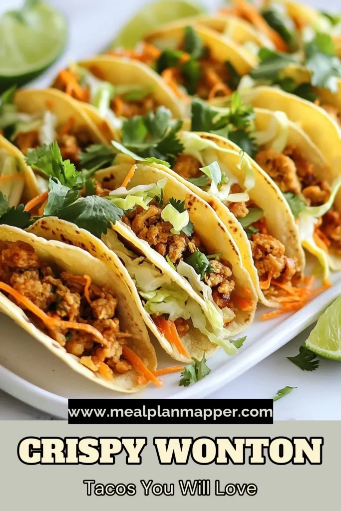 Discover the deliciousness of crispy chicken wonton tacos! This easy taco recipe features savory ground chicken wrapped in baked wonton wrappers for a delightful Asian-inspired twist. Perfect for any occasion, these tasty tacos are sure to impress. Ready in just 35 minutes, they make a fantastic meal or snack. Save this recipe and bring flavorful innovation to your dinner table! #ChickenWontonTacos #GroundChickenRecipes #EasyTacoRecipes #AsianInspiredTacos
