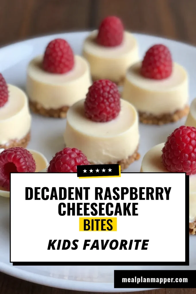 Indulge in these delightful white chocolate raspberry cheesecake bites, the perfect no-bake cheesecake recipe for any occasion! These mini cheesecake bites are an easy cheesecake dessert made with creamy white chocolate, fresh raspberries, and a buttery graham cracker crust. They're great for parties or a sweet treat at home. Try this simple recipe and enjoy raspberry cheesecake treats your guests will adore! Save this recipe for later! #CheesecakeBites #NoBakeDessert #MiniCheesecakes #RaspberryTreats