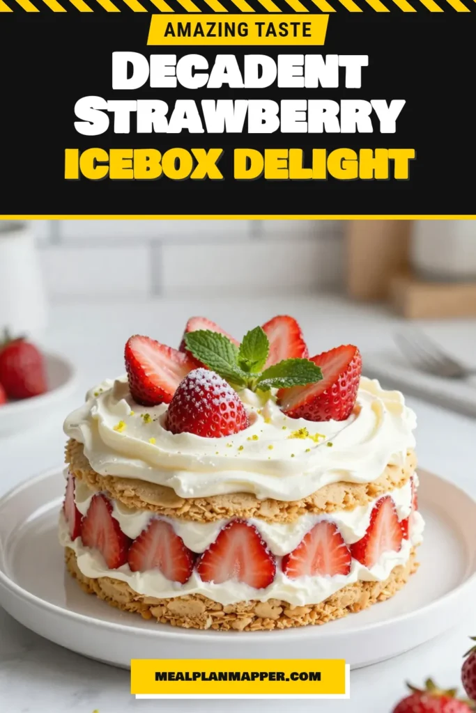 Indulge in this easy strawberry cake that's perfect for summer! Our refreshing strawberry icebox cake requires no baking and features luscious layers of whipped cream, fresh strawberries, and graham crackers. It's the ultimate no-bake strawberry dessert to impress family and friends. Chill it overnight and serve for a delightful treat that everyone will love. Try this whipped cream dessert today! #StrawberryIceboxCake #NoBakeDessert #RefreshingSummerCake #EasyStrawberryCake