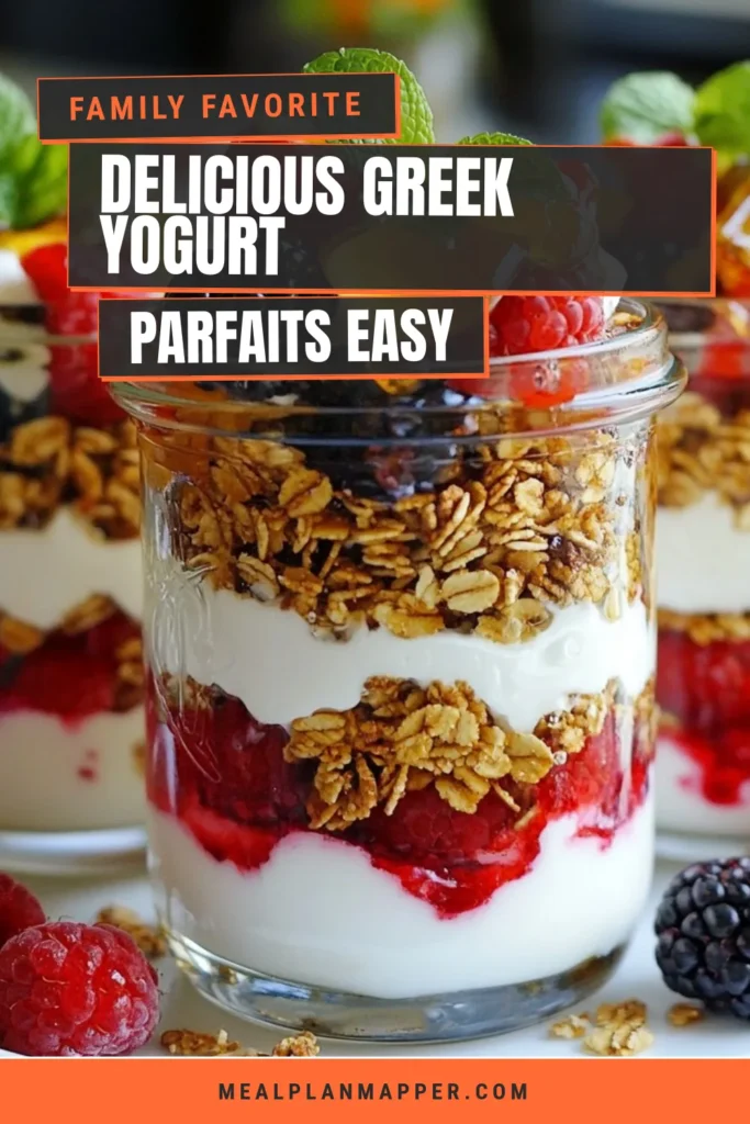 Indulge in these Greek Yogurt Parfait Jars, a perfect blend of delicious yogurt recipes and healthy dessert ideas! Layer creamy Greek yogurt, crunchy granola yogurt layers, and vibrant mixed berries for a delightful treat. Quick to prepare and visually stunning, these berry parfait jars are ideal for any occasion. Try this easy recipe today and enjoy a refreshing snack! Save and share for more yummy ideas! #HealthyDesserts #YogurtParfait #GranolaLayers #BerryDelight