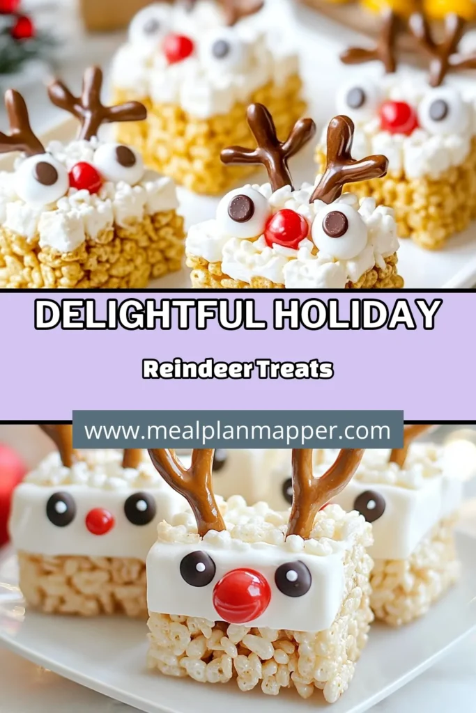 Get into the holiday spirit with these adorable Reindeer Rice Krispie Treats! This easy no-bake holiday snacks recipe is perfect for kids and brings joy to any festive gathering. Made with simple ingredients like Rice Krispies, mini marshmallows, and colorful candies, these Christmas treats are not only fun to make but also delightful to eat. Create your own festive batch today! #ReindeerRiceKrispieTreats #HolidayTreatsRecipe #ChristmasTreatsForKids #EasyNoBakeSnacks