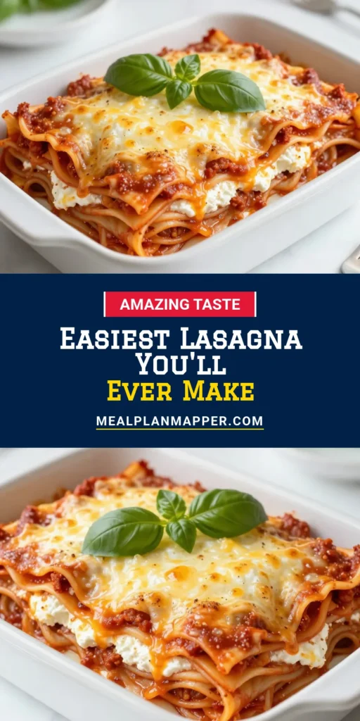Discover the easiest lasagna recipe that will wow your family! This creamy ricotta lasagna features cheesy lasagna layers, all stacked without boiling noodles, thanks to no-boil lasagna convenience. Enhance your dish with homemade marinara sauce that takes it over the top. Perfect for busy nights or gatherings, this lasagna is a crowd-pleaser! Save this recipe for a delicious weeknight meal. #Lasagna #EasyRecipes #ComfortFood #ItalianCooking