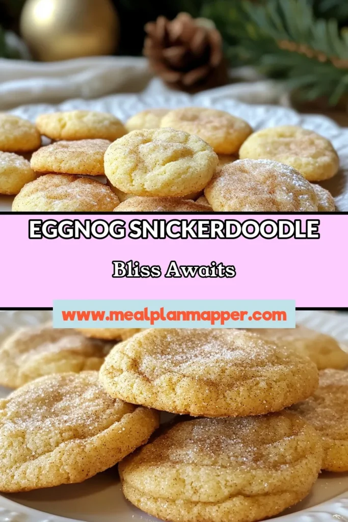 Indulge in the festive spirit with these delightful Eggnog Snickerdoodle Cookies, a perfect addition to your Christmas cookie recipes! These easy cookie recipes blend the warm flavors of eggnog, cinnamon, and nutmeg, making them an essential item for your holiday baking ideas. Whip up a batch of these festive dessert ideas that everyone will love. Save this recipe for your holiday celebrations and share the joy! #EggnogSnickerdoodleCookies #ChristmasCookies #HolidayBaking #FestiveDesserts