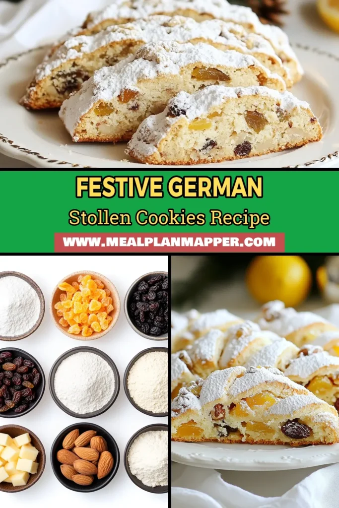 Delight in the flavors of the season with these German Stollen Cookies, the perfect Christmas cookie recipe for your festive gatherings. Packed with dried fruit and nuts, this nutty cookie recipe brings warmth and joy to your holiday baking. Easy to make and utterly delicious, these festive holiday cookies are sure to impress your family and friends. Save this recipe for a delightful treat! #GermanStollenCookies #ChristmasCookies #DriedFruitCookies #HolidayBaking