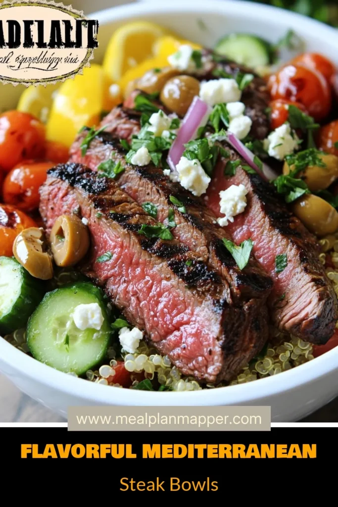 Elevate your dinner game with this delicious Mediterranean steak recipe! Enjoy a hearty flank steak bowl recipe topped with a healthy quinoa salad, cherry tomatoes, cucumbers, and kalamata olives. This grilled steak bowl is finished with crumbled feta cheese for a true Mediterranean dish. Perfect for meal prep or a weeknight dinner. Try it today and savor fresh flavors and nutrition! Save this recipe for later! #MediterraneanRecipe #HealthyEating #QuinoaSalad #GrilledSteak