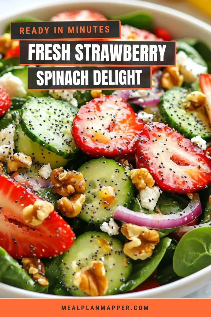 Discover the perfect blend of flavors with this Strawberry Spinach Salad topped with a zesty Poppy Seed Dressing. This healthy spinach salad is not only refreshing but also easy to prepare, making it an ideal easy summer salad. Delight in the combination of sweet strawberries, creamy feta, and crunchy nuts. Try this Feta Spinach Salad today and impress your guests! Save this recipe for your next meal! #StrawberrySpinachSalad #PoppySeedDressingRecipe #HealthySpinachSalad #EasySummerSalad