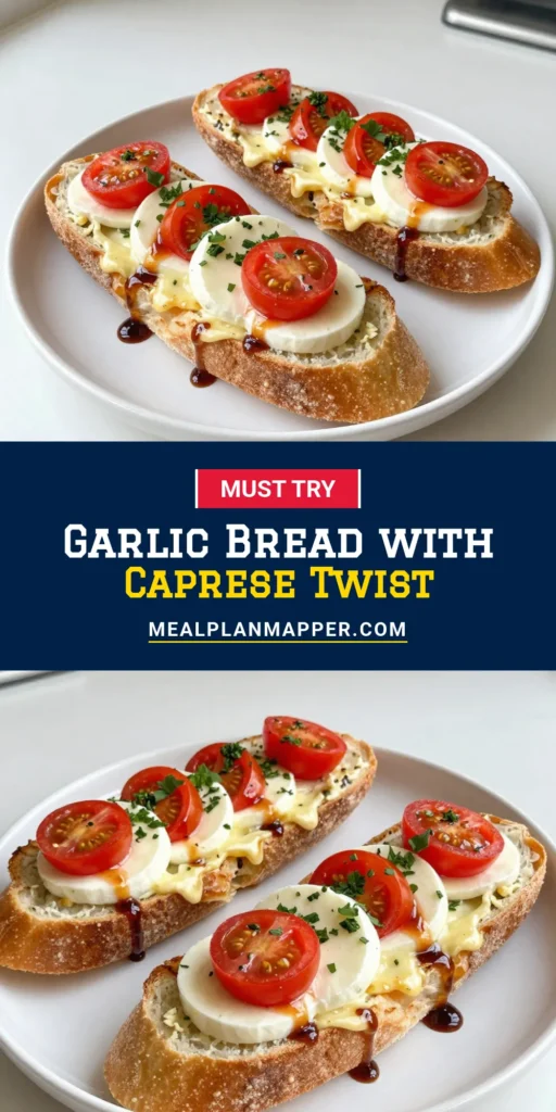 Indulge in the mouthwatering delight of Caprese garlic bread! This easy appetizer recipe combines fresh mozzarella, aromatic garlic, and vibrant cherry tomatoes on a crispy baguette, creating the perfect party treat. Drizzled with balsamic glaze and topped with fresh basil, this garlic bread recipe is a must-try for any gathering. Enjoy it warm and watch your guests rave! Pin this delicious recipe today! #CapreseGarlicBread #EasyAppetizerRecipes #GarlicBreadRecipe #BasilGarlicBread