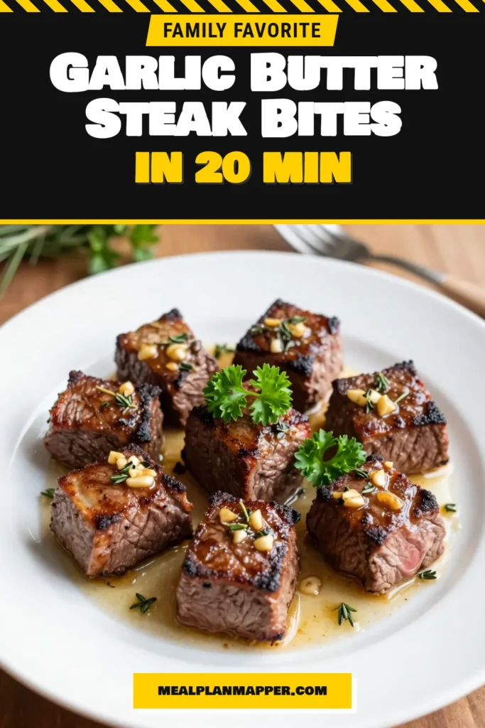 Indulge in these mouthwatering Garlic Butter Steak Bites for a quick steak dinner that’s bursting with flavor! This easy sirloin steak recipe features tender steak cubes tossed in a rich garlic butter recipe infused with rosemary and thyme. Perfect for weeknight meals, impress your family with this 20-minute dish. Save this recipe for quick and delicious Garlic Butter Steak Bites! #SteakBites #QuickDinner #GarlicButter #EasyRecipes