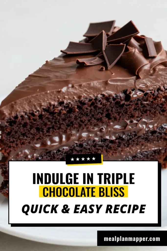 Indulge in this decadent triple chocolate cake like never before! Our easy chocolate layer cake recipe combines rich layers of homemade chocolate cake with dark chocolate ganache and milk chocolate frosting. Perfect for any celebration or a sweet treat, this triple chocolate cake is sure to impress. Don't wait—try this ultimate dessert and surprise your taste buds today! Save this recipe for later! #TripleChocolateCake #ChocolateLayerCakeRecipe #DarkChocolateGanache #MilkChocolateFrosting