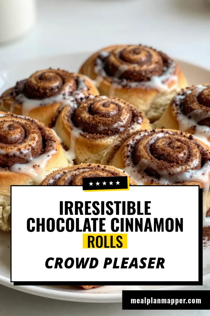 Indulge in these irresistible chocolate cinnamon rolls, the ultimate homemade cinnamon rolls that double as an easy chocolate dessert! This glazed cinnamon rolls recipe yields 12 fluffy treats, soaked in chocolate goodness. Perfect for brunch or dessert, these delightful chocolate rolls with glaze will have everyone asking for seconds. Save this recipe and delight your taste buds now! #ChocolateCinnamonRolls #EasyDessert #CinnamonRolls #HomemadeBaking