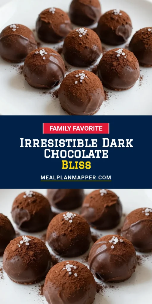 Indulge in the rich flavors of homemade truffle recipe featuring decadent dark chocolate truffles! These easy chocolate desserts are made with creamy chocolate ganache truffles, perfect for satisfying your sweet tooth or impressing guests with gourmet chocolate treats. Discover how simple it is to create these delightful bites at home. Click to get the full recipe and start your chocolate journey today! #ChocolateTruffles #EasyDesserts #HomemadeTreats #GourmetChocolate