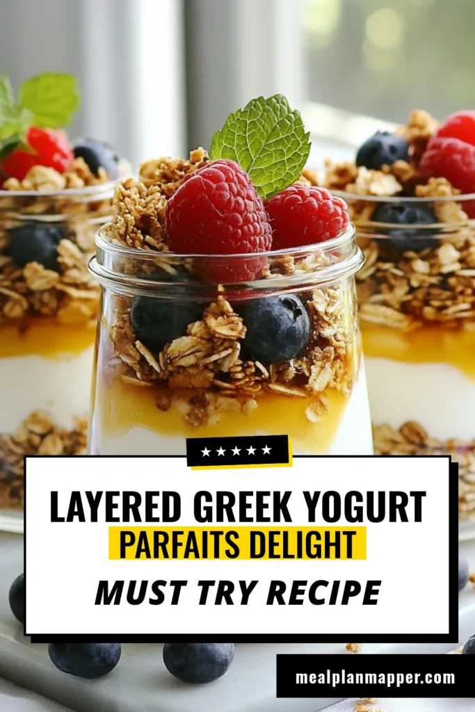 Looking for a quick and healthy breakfast recipe? Try these Greek yogurt parfait jars! This berry parfait recipe layers creamy Greek yogurt, crunchy granola, and fresh mixed berries for a deliciously easy yogurt dessert. Perfect for meal prep, these granola yogurt jars are not just nutritious but also gorgeous to serve. Get creative and enjoy a delightful start to your day! Save this recipe for later! #HealthyBreakfast #GreekYogurtParfait #EasyYogurtDessert #BerryParfaitRecipe