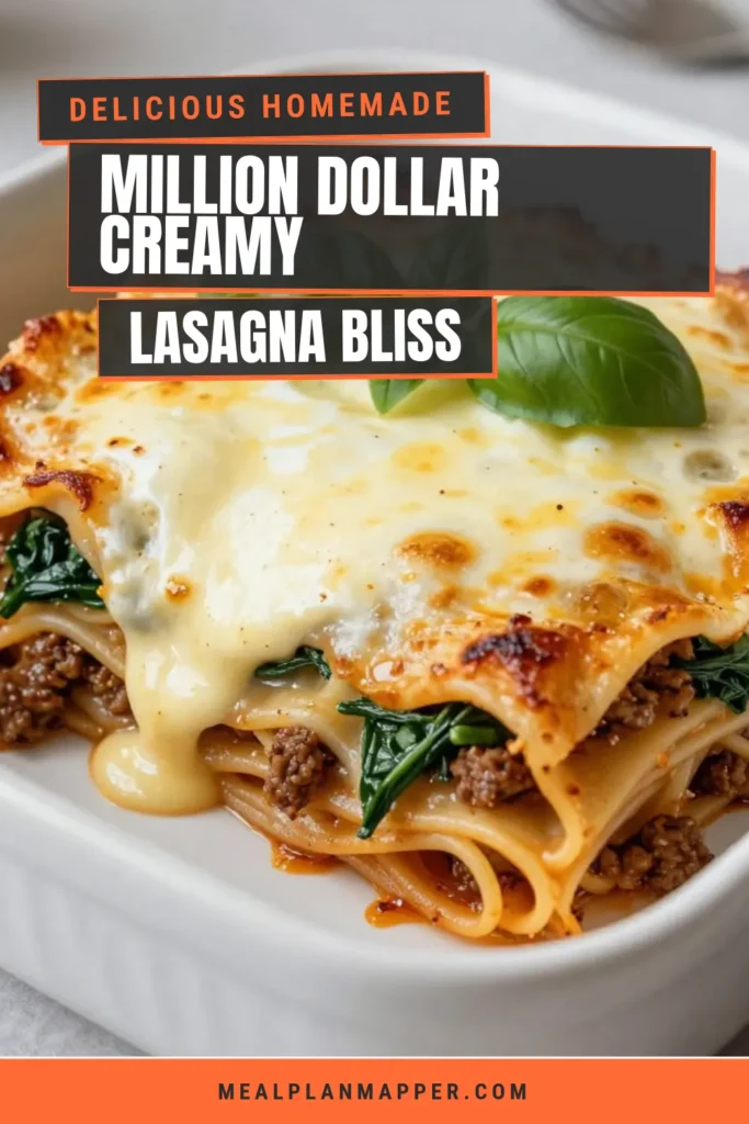 Discover the ultimate comfort food with this Creamy Million Dollar Lasagna! This easy lasagna recipe features layers of homemade lasagna with ricotta, cheesy lasagna with meat, and a delicious creamy sauce. Perfect for family gatherings or cozy dinners, it's sure to impress everyone at the table. Try this hearty recipe and make dinner memorable! Save this recipe for later. #MillionDollarLasagna #EasyLasagnaRecipe #ComfortFood #HomemadeLasagna