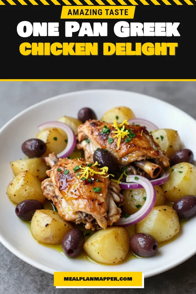 Discover the deliciousness of One-Pan Greek Chicken and Potatoes! This easy One-Pan Dinner features tender chicken thighs with flavorful potatoes and olives, perfect for a quick weeknight meal. With just a few simple ingredients, this Greek Chicken and Potatoes Recipe delivers mouthwatering Mediterranean flavors in one dish. Save this recipe for a hassle-free cooking experience! Try it today! #OnePanGreekChicken #EasyOnePanDinner #MediterraneanChickenRecipe #GreekChickenAndPotatoesRecipe