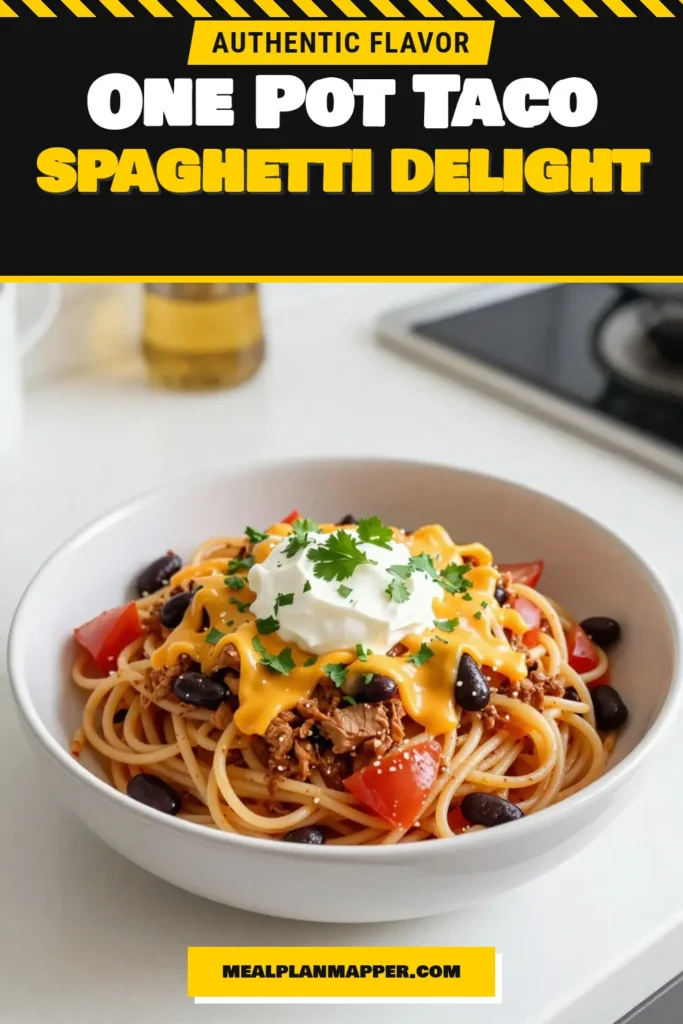 Discover the ultimate One-Pot Taco Spaghetti that combines the flavors of your favorite tacos with delicious pasta! This Easy Taco Spaghetti Recipe is ready in just 30 minutes and uses ground turkey for a healthier twist. Perfect for busy nights, this Quick Dinner Idea is cheesy, satisfying, and a family favorite. Don’t miss out on this Cheesy Taco Spaghetti! Click to try it today! #OnePotMeal #TacoTuesday #EasyRecipes #PastaLovers
