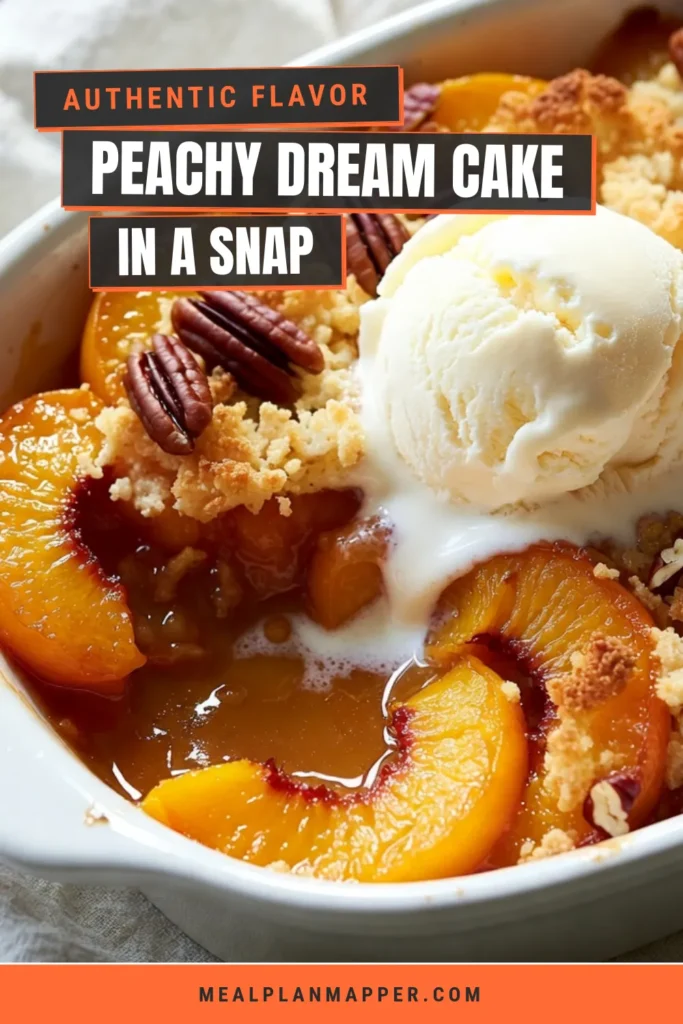 Indulge in this delicious peach cobbler dump cake, the ultimate easy peach dessert for summer! Made with juicy peaches, buttery yellow cake mix, and a sprinkle of cinnamon, this peach cake recipe is a breeze to create. Perfectly baked to a golden finish and best served warm with a scoop of vanilla ice cream, it's the ideal summer fruit dessert. Save this recipe now and impress your friends! #PeachDumpCake #PeachCobblerCake #SummerDessert #EasyPeachDessert