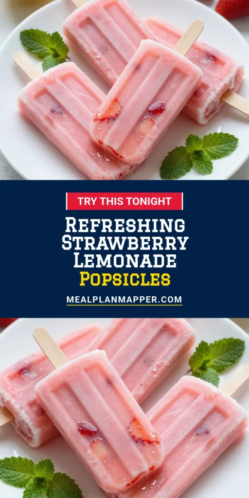 Beat the heat with delicious strawberry lemonade popsicles! This homemade popsicle recipe is perfect for summer, offering healthy frozen treats that kids and adults will love. With fresh strawberries and zesty lemon, these easy popsicle recipes are not only refreshing but also a delightful summer dessert idea. Try this simple recipe and enjoy a tasty, guilt-free treat! Save this for later! #StrawberryLemonadePopsicles #HealthyFrozenTreats #SummerDessertIdeas #EasyPopsicleRecipes