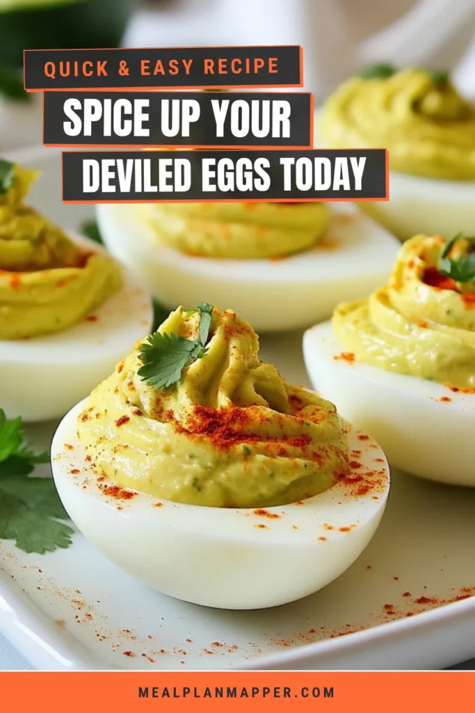 Discover the perfect appetizer with this spicy avocado deviled eggs recipe! These easy deviled eggs blend creamy avocado, zesty lime, and a kick of jalapeño for a healthy, flavorful treat. Ideal for parties or casual snacking, these jalapeño deviled eggs are sure to impress. Try this delicious recipe today and elevate your appetizer game! Save this post for quick reference! #DeviledEggs #HealthyAppetizers #AvocadoRecipes #SpicyAppetizers
