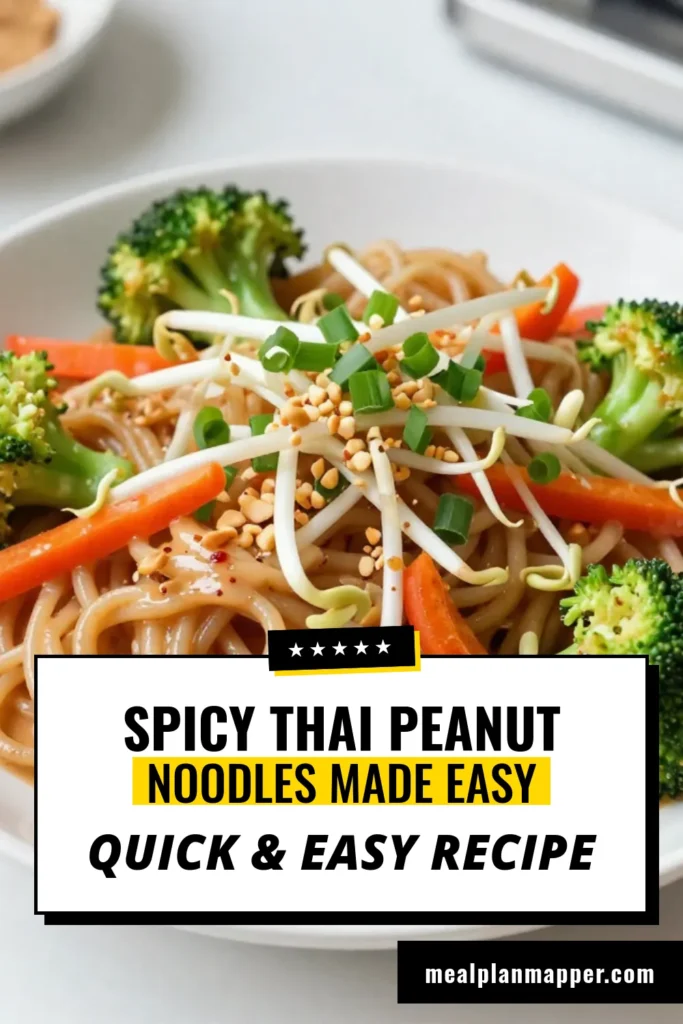 Dive into this flavorful Spicy Thai Peanut Noodles recipe, perfect for a quick Thai noodle dish! Made with rice noodles and a creamy peanut sauce, this vegetarian Thai noodles option is packed with vibrant veggies like broccoli, bell peppers, and carrots. It's a delightful Peanut sauce noodles recipe that you can whip up in just 30 minutes. Don't forget to save this easy recipe for a tasty weeknight meal! #SpicyThaiNoodles #VegetarianThaiNoodles #PeanutSauceNoodles #QuickThaiNoodleDish