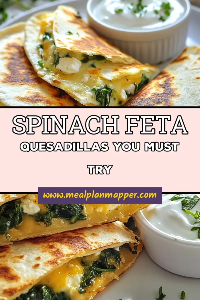 Looking for a delicious yet simple meal? Try these spinach feta quesadillas! This easy quesadilla recipe features fresh spinach and crumbled feta cheese, making it a tasty addition to your healthy spinach recipes collection. Perfect for a quick lunch or snack, these vegetarian quesadillas are both satisfying and nutritious. Don’t miss out—save this recipe for a delightful, cheesy treat! #SpinachFetaQuesadillas #EasyQuesadillaRecipe #HealthySpinachRecipes #VegetarianQuesadillas