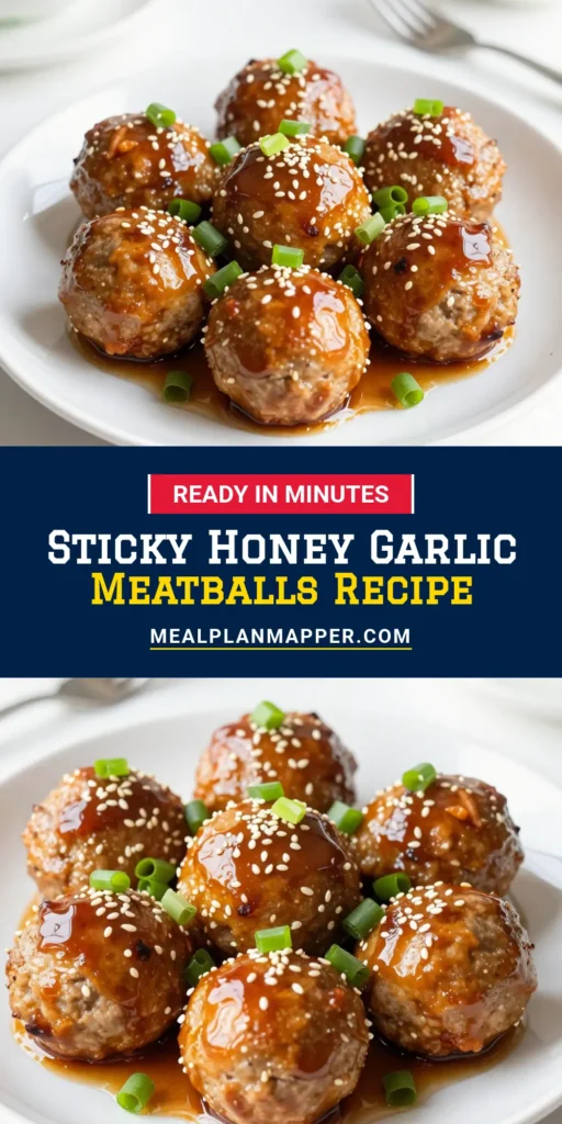 Indulge in these irresistible honey garlic meatballs, a perfect easy meatball appetizer for any gathering! This baked meatball recipe features tender ground beef meatballs coated in a sticky honey glaze that's impossible to resist. With simple ingredients, you can whip up a delicious dish in just 35 minutes. Perfect for parties or family dinners! Try this recipe now and elevate your menu! #HoneyGarlicMeatballs #EasyAppetizer #BakedMeatballs #GroundBeefRecipes