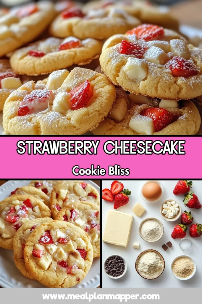 Indulge in these delicious strawberry cheesecake cookies that combine the creamy goodness of cream cheese with fresh strawberries. Our easy cookie recipe features soft cookie perfection enhanced with white chocolate. Perfect for fruit lovers, these strawberry cookies with white chocolate are a must-try! Bake a batch today and treat your family. Save this cream cheese cookies recipe for your next baking adventure! #cookies #baking #fruitdesserts #strawberrycheesecake