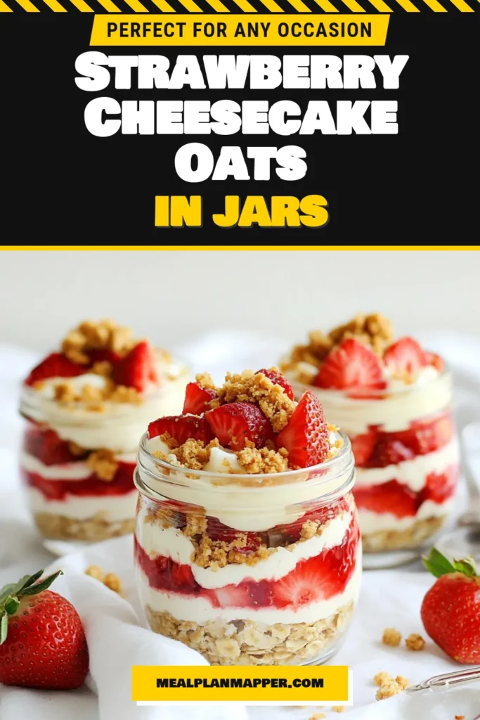 Indulge in a delightful start to your day with these Strawberry Cheesecake Overnight Oats! This healthy overnight oats recipe combines rolled oats, creamy cream cheese, and fresh strawberries for a delicious no-cook oatmeal recipe that's ready when you are. Perfect for easy breakfast ideas, these oats can be made in just 10 minutes. Try this tasty treat and transform your mornings! Save this recipe for later! #StrawberryCheesecake #OvernightOats #HealthyBreakfast #NoCookOatmeal