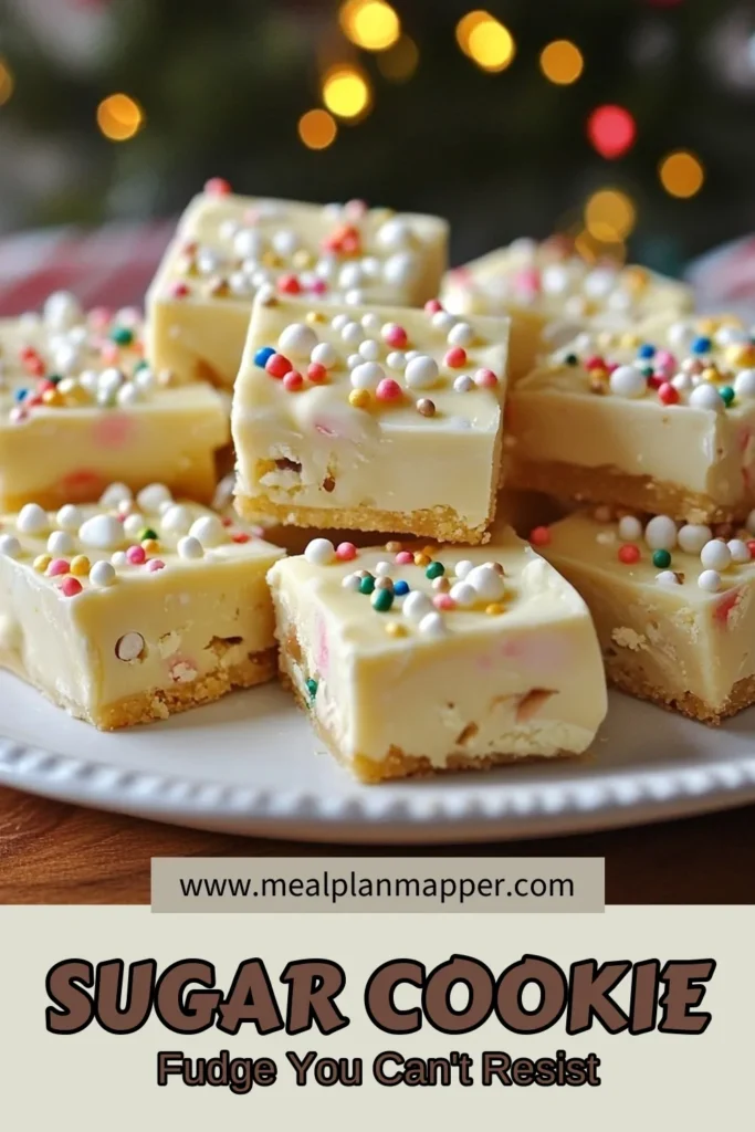 Indulge in this festive fudge recipe for Sugar Cookie Fudge, the perfect no-bake fudge dessert to brighten up your celebrations! This easy sugar fudge combines buttery goodness, white chocolate, and colorful sprinkles for a delightful treat. Prepare it in just 15 minutes for 36 delicious squares that everyone will love. Don't miss out on this easy recipe—save it for your next holiday gathering! #SugarCookieFudge #FudgeRecipe #NoBakeDessert #WhiteChocolateFudge