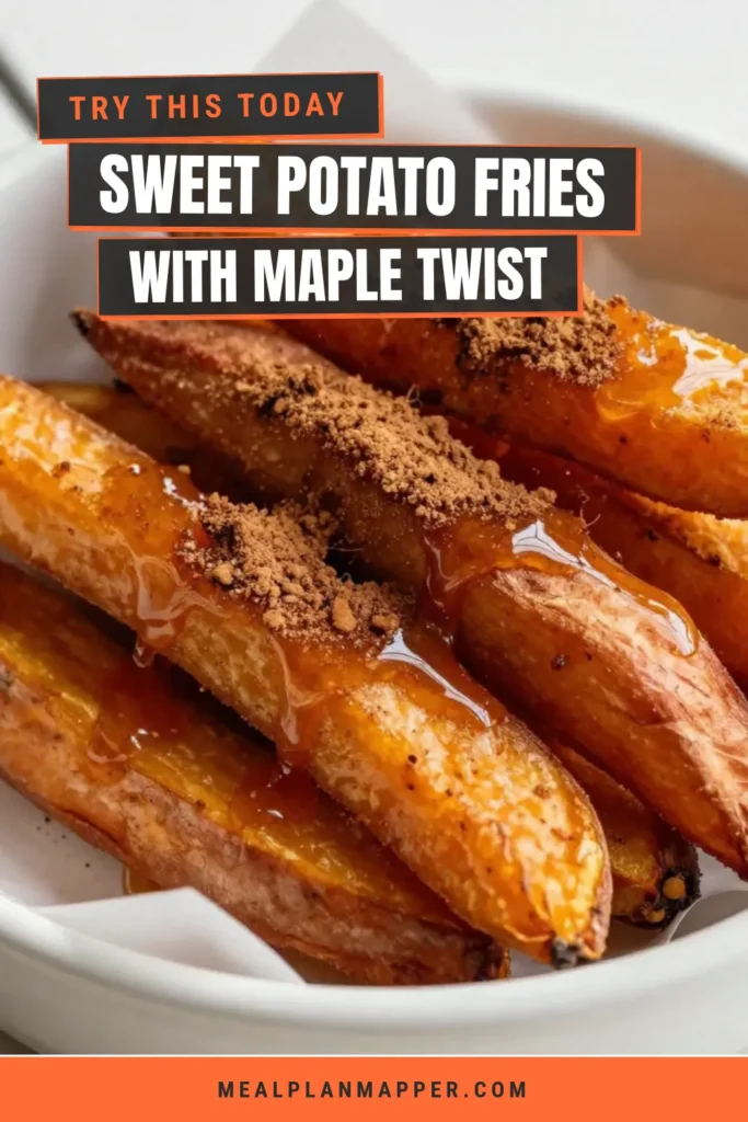Craving a delicious and healthy snack? Try these Maple Cinnamon Sweet Potato Fries! This easy sweet potato fries recipe is perfect for a quick bite. Baked, not fried, and vegan too, these sweet potato fries are tossed in a delightful blend of maple syrup and cinnamon for a unique twist. Perfect for any occasion! Save and share this healthy sweet potato fries recipe with friends. #SweetPotatoFries #HealthyRecipes #VeganSnacks #BakedFries