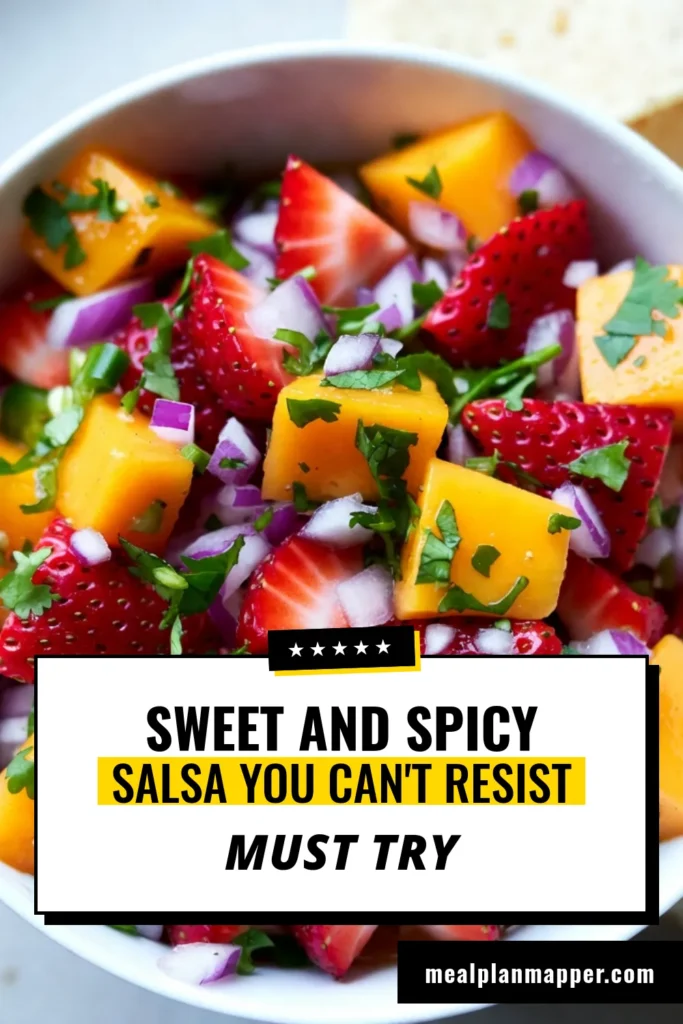 Looking for a refreshing touch to your meals? Try this Sweet and Spicy Strawberry Mango Salsa recipe! This easy fruit salsa recipe combines juicy strawberries and ripe mango for a vibrant flavor explosion. Perfect as a dip or a topping, this homemade salsa with strawberries delivers both sweetness and heat. Elevate your gatherings with this fresh fruit salsa. Save this recipe for your next fiesta! #StrawberryMangoSalsa #FreshFruitSalsa #HomemadeSalsa #EasyFruitSalsa