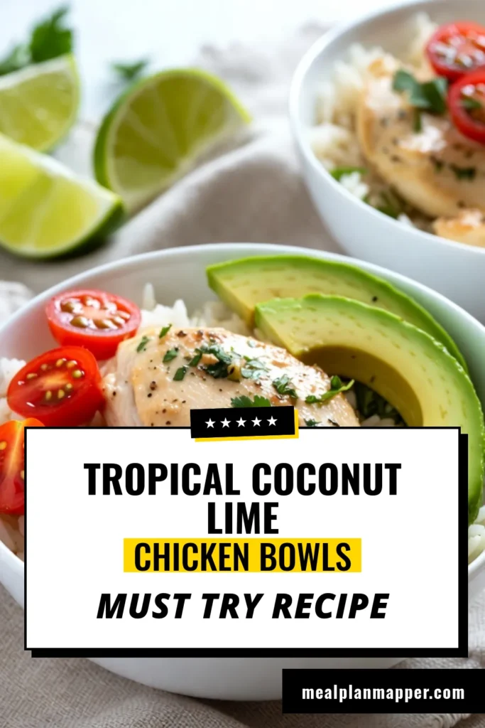 Discover the deliciousness of Coconut Lime Chicken Bowls! This easy chicken dinner combines marinated Coconut Lime Chicken with fluffy jasmine rice for a satisfying meal. Perfect for busy weeknights, this Coconut Chicken Bowl Recipe is a must-try for anyone seeking tropical chicken recipes. Enjoy layers of flavor topped with avocado and fresh cilantro. Save this recipe today and bring a taste of paradise to your plate! #CoconutLimeChicken #EasyChickenDinner #TropicalRecipes #JasmineRiceChickenBowl