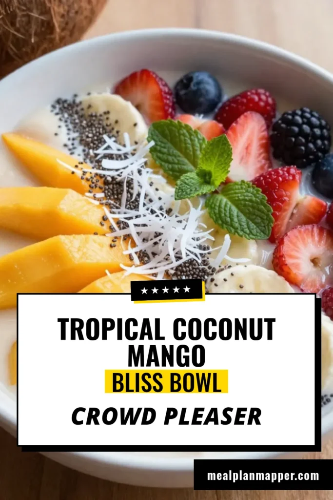 Indulge in a delicious Coconut Mango Smoothie Bowl that's perfect for breakfast or a refreshing snack! This tropical smoothie bowl recipe combines creamy coconut milk and ripe mango for a vegan delight. Enjoy a healthy smoothie bowl topped with fresh berries and crunchy chia seeds. Ready in just 10 minutes, it's a vibrant way to start your day! Try this creamy coconut milk smoothie and elevate your mornings—save this recipe now! #SmoothieBowl #TropicalDelight #HealthyEating #VeganRecipes