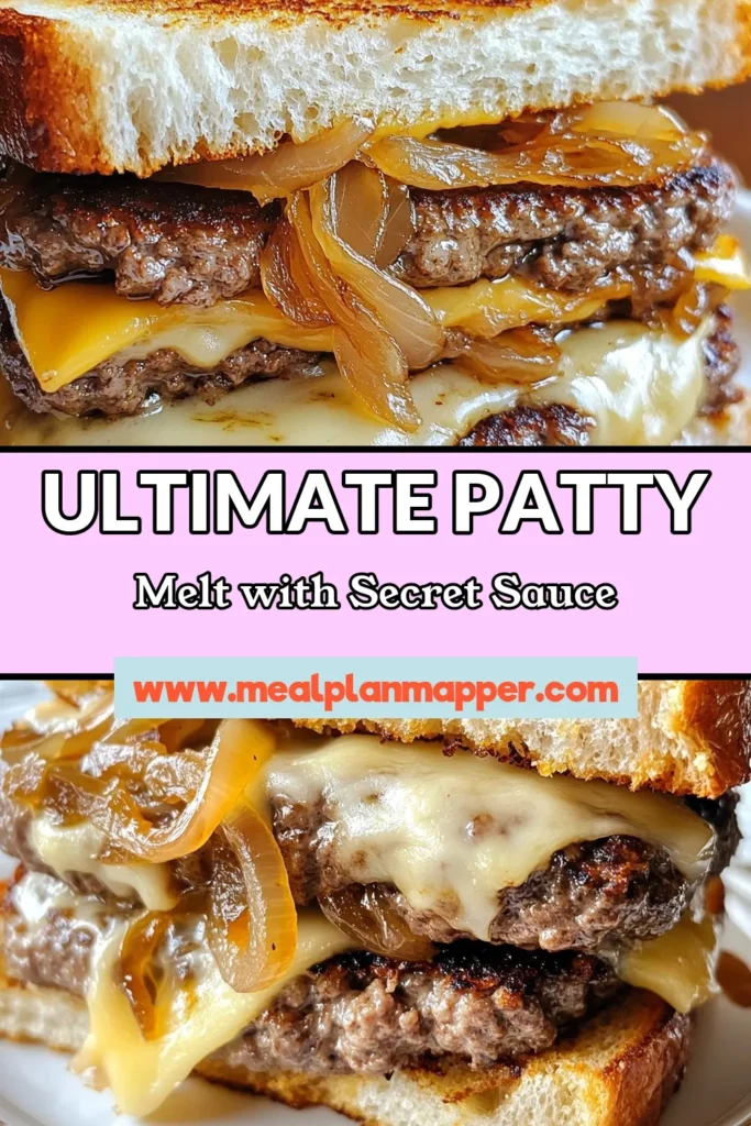 Indulge in the ultimate Grilled Patty Melt with Secret Sauce recipe that transforms a classic diner sandwich into a delicious meal! This recipe combines juicy beef patties with caramelized onions, Swiss cheese, and a creamy secret sauce, all nestled between hearty rye bread. Perfect for a cozy dinner or a weekend treat. Try it today and elevate your burger experience! Save this recipe for your next cooking adventure! #GrilledPattyMelt #SecretSauceRecipe #ClassicDinerSandwich #CaramelizedOnionMelt