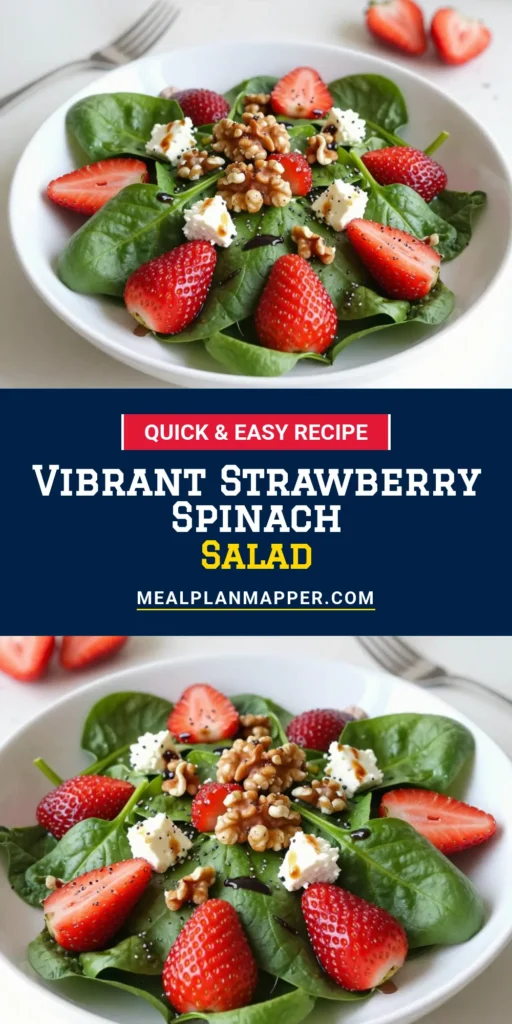 Discover the perfect summer dish with this delicious Strawberry Spinach Salad! Bursting with fresh strawberries, creamy feta, and crunchy walnuts, it’s a delightful Poppy Seed Salad Recipe that’s super easy to make. Toss everything with a homemade balsamic vinaigrette for a refreshing Easy Spinach Salad. Ideal for BBQs, picnics, or any warm day. Try it today and elevate your salad game! Save this recipe for your next gathering! #StrawberrySpinachSalad #PoppySeedSalad #SummerSalad #EasySpinachSalad