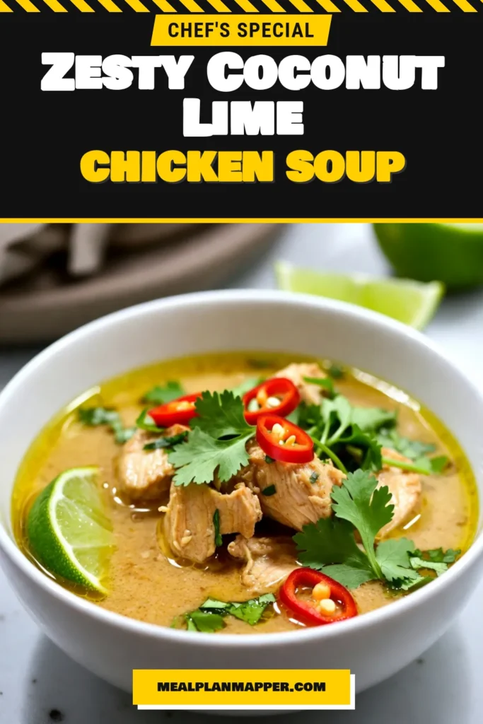 Discover the vibrant flavors of Coconut Lime Chicken Soup, the perfect comfort food for any occasion! This Thai Coconut Chicken Soup uses tender chicken simmered in creamy coconut milk, infused with zesty lime for an irresistible taste. Try this easy chicken soup recipe that will delight your taste buds and warm your soul. Save this Coconut Milk Chicken Recipe for your next meal! Get ready to enjoy! #CoconutLimeChickenSoup #ThaiCoconutChickenSoup #EasyChickenSoupRecipe #CoconutMilkChickenRecipe