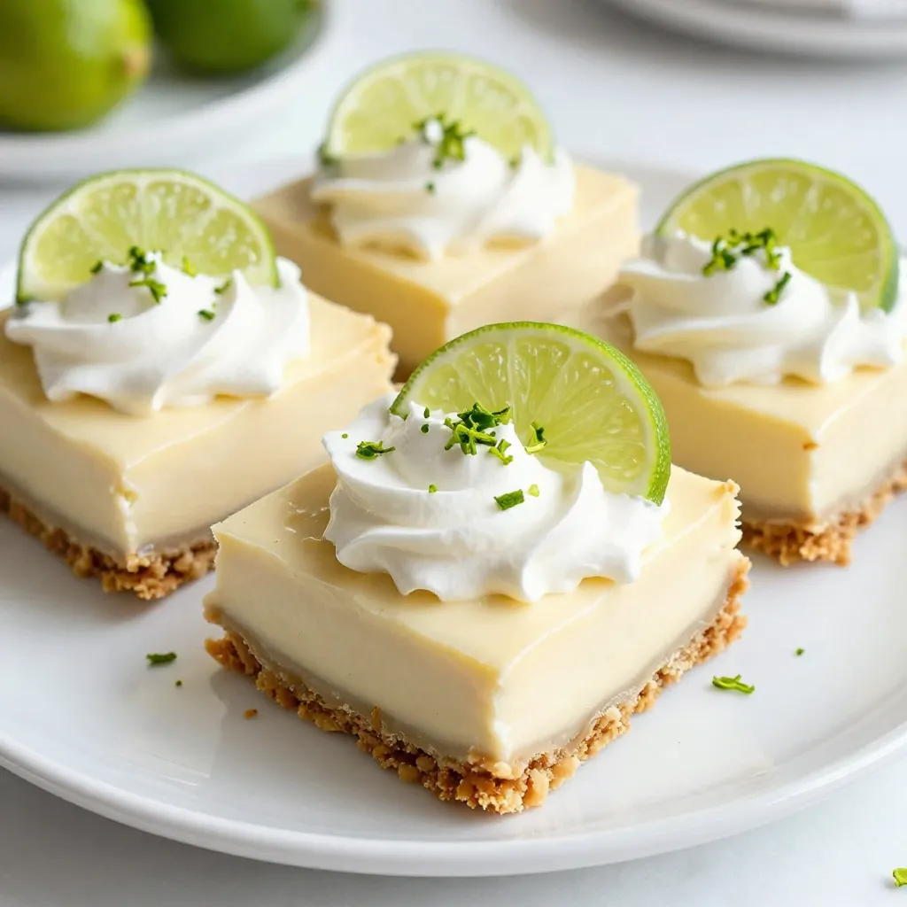 For these delightful Key Lime Pie Bars, you will need the following ingredients: - 1 cup graham cracker crumbs - 1/4 cup granulated sugar - 1/2 cup unsalted butter, melted - 2 large eggs - 1 (14 oz) can sweetened condensed milk - 1/2 cup fresh key lime juice (or regular lime juice) - Zest of 2 limes - 1/4 teaspoon salt - Whipped cream (for topping) - Lime slices (for garnish) Each ingredient plays an important role in creating this zesty treat. The graham cracker crumbs form the crust. The sugar adds sweetness, while the butter binds everything together. Eggs bring richness and help the filling set. Sweetened condensed milk gives the bars their creamy texture. Fresh key lime juice and zest provide that signature tang. A pinch of salt enhances all the flavors. Lastly, whipped cream and lime slices make the bars look and taste amazing. They add a fresh touch and a pop of color. These ingredients come together to create a dessert that is both easy to make and hard to resist! {{ingredient_image_2}} Start by preheating your oven to 350°F (175°C). This step is key for even baking. A hot oven helps the crust and filling cook perfectly. In a medium mixing bowl, mix together: - 1 cup graham cracker crumbs - 1/4 cup granulated sugar - 1/2 cup unsalted butter, melted Stir the ingredients until they look like wet sand. This will form a tasty base for your bars. In a separate bowl, whisk together: - 2 large eggs - 1 (14 oz) can sweetened condensed milk - 1/2 cup fresh key lime juice - Zest of 2 limes - 1/4 teaspoon salt Mix until the filling is smooth. This will create a zesty and creamy filling for your pie bars. Pour the lime filling over the crust. Use a spatula to spread it evenly. Bake in your preheated oven for 15 to 20 minutes. The edges should set, but the center can still jiggle slightly. After baking, take the pie bars out of the oven. Let them cool at room temperature for about 30 minutes. Then, refrigerate them for at least 2 hours. This chilling time helps them firm up nicely. Once the bars are chilled, lift them from the pan using parchment paper, if used. Cut into squares or bars with a sharp knife. Top each bar with whipped cream and a slice of lime for a fresh touch. Enjoy the delightful flavors! To make a great crust, use fresh graham cracker crumbs. You can crush them in a bag or food processor. Mix the crumbs with sugar and melted butter. Press the mixture tightly into your pan. This helps it hold together. Bake it until golden brown. This gives it a nice crunch. For the filling, whisk the eggs and sweetened condensed milk well. Make sure there are no lumps. Add fresh key lime juice and zest. This adds great flavor. When you bake the bars, watch for a slight jiggle in the center. This shows they are perfectly set. Too firm means they might be overbaked. When ready to serve, use a sharp knife to cut the bars. Top each bar with whipped cream. A slice of lime on top looks great too. For a fun twist, sprinkle extra lime zest over the whipped cream. Serve these bars on a bright plate. The colors will catch everyone’s eye! Pro Tips Use Fresh Limes: For the best flavor, always opt for fresh key limes or regular limes instead of bottled juice. Fresh juice elevates the taste of your bars significantly. Chill Thoroughly: Allow the bars to chill in the refrigerator for at least 2 hours. This helps them set properly, making them easier to cut into clean squares. Adjust Sweetness: If you prefer a less sweet dessert, reduce the amount of sweetened condensed milk slightly, or add more lime juice to enhance the tartness. Garnish Creatively: Enhance the presentation by garnishing with lime zest and mint leaves in addition to whipped cream. This adds a pop of color and a refreshing aroma. {{image_4}} You can switch key limes for other citrus fruits. Try using fresh limes, lemons, or even oranges. Each fruit brings a unique flavor. Lemons add a bright tartness. Oranges offer a sweet and zesty twist. This gives you more fun ways to enjoy these bars. If you need a gluten-free dessert, use gluten-free graham cracker crumbs. Many brands offer these now. You can also make your own from gluten-free cookies. This way, you can still enjoy the great taste of key lime bars without gluten. Want to add some fun texture? Consider mixing in fruits or nuts. You can fold in fresh berries like blueberries or raspberries. They pair well with the tart lime. Chopped nuts, like almonds or pecans, bring a nice crunch. Just sprinkle them on top before baking. This makes your bars even more special and tasty! To keep your Key Lime Pie Bars fresh, place them in an airtight container. Make sure they are fully cooled before storing. You can store them in the fridge for up to 5 days. This helps maintain their zesty flavor and creamy texture. You can freeze these bars if you want to save some for later. First, let the bars cool completely. Then, wrap them tightly in plastic wrap. You can also use aluminum foil. Place the wrapped bars in a freezer-safe container. They will stay fresh for about 2 to 3 months. When you're ready to enjoy them, thaw them in the fridge overnight. If you prefer your Key Lime Pie Bars warm, here’s how to do it. Preheat your oven to 350°F (175°C). Place the bars in an oven-safe dish. Heat them for about 10 minutes. Keep an eye on them to avoid overcooking. Serve warm with whipped cream for a tasty treat! Yes, you can use regular limes. Key limes are smaller and have a unique taste. They add tartness and a special aroma. If you use regular limes, the bars will be a bit different. The flavor will be more acidic and less sweet. Still, they will taste great! Look for the edges to be set and the center to jiggle slightly. The filling should not be too wobbly. It should look firm around the edges. A slight jiggle in the middle means they are perfect. Overbaking can make them dry, so watch closely! Yes, you can make them ahead of time! Bake the bars and chill them. They keep well in the fridge for up to three days. This is great for parties or gatherings. Just slice and add whipped cream before serving. Key Lime Pie comes from the Florida Keys. It uses key limes, which grow there. The pie became popular in the early 20th century. It has a rich history tied to the area’s fishing culture. People used simple ingredients like eggs, milk, and lime juice. Today, it is a classic American dessert! In this post, we covered how to make delicious Key Lime Pie Bars. We explored the essential ingredients, from graham cracker crumbs to fresh key lime juice. I shared step-by-step instructions for preparing the crust and baking the bars. Don’t forget the helpful tips for perfecting texture and serving suggestions. Variations like alternative citrus and gluten-free options can add some fun. Lastly, we discussed how to store and reheat them. Enjoy making these tasty bars; they are easy and sure to impress!