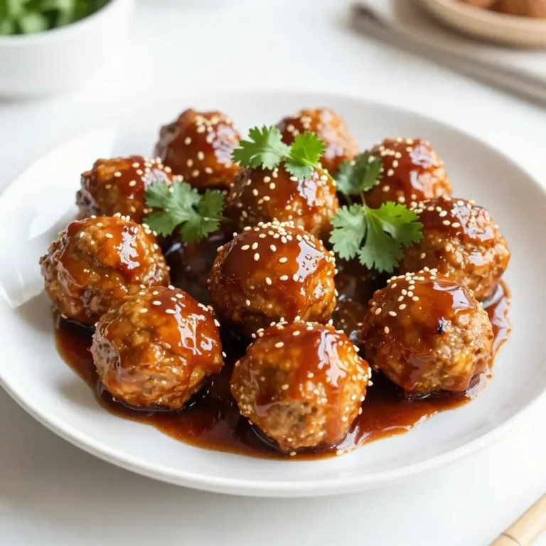 To make these tasty teriyaki chicken meatballs, you need a few key items: - 1 lb ground chicken - 2 green onions, finely chopped - 1/4 cup breadcrumbs - 1 large egg - 2 cloves garlic, minced - 1 tablespoon fresh ginger, grated These ingredients create a moist and flavorful base for your meatballs. Next, you need the right flavors to make your meatballs pop. Here's what to include: - 1/4 cup low-sodium soy sauce - 2 tablespoons honey - 1 tablespoon sesame oil - 1 tablespoon rice vinegar - 1 tablespoon cornstarch mixed with 2 tablespoons water (slurry) These seasonings add sweetness and depth to the dish. The soy sauce gives it that classic umami taste. To finish your dish, consider these garnishes: - Sesame seeds, for garnish - Fresh cilantro, for garnish These add a nice crunch and bright flavor. You can also serve the meatballs on a bed of rice and top with extra green onions for a complete meal. {{ingredient_image_2}} To start, grab a big mixing bowl. Add 1 pound of ground chicken to the bowl. Next, toss in 2 finely chopped green onions, 1/4 cup of breadcrumbs, and 1 large egg. Then, add 2 minced garlic cloves and 1 tablespoon of grated fresh ginger. Use your hands or a spatula to mix everything well. Make sure all the ingredients blend together nicely. This mixture forms the base of your meatballs. Now, it’s time to shape the meatballs. With clean hands, take a small amount of the mixture and roll it into a ball. Aim for about 1 inch in size. Place the shaped meatballs on a plate or baking sheet. Once you've shaped all the meatballs, heat a non-stick skillet over medium heat. Add the meatballs in batches to avoid crowding. Cook them for about 5 to 6 minutes. Turn them gently with tongs or a spatula until they are golden brown and cooked through. While the meatballs cook, let’s make the teriyaki sauce. In a separate bowl, whisk together 1/4 cup of low-sodium soy sauce, 2 tablespoons of honey, 1 tablespoon of sesame oil, and 1 tablespoon of rice vinegar. Mix until the sauce is smooth. Once the meatballs are ready, pour the sauce over them in the skillet. Turn up the heat a little to bring it to a gentle simmer. Then, mix in a cornstarch slurry made from 1 tablespoon of cornstarch and 2 tablespoons of water. Stir the sauce for 2-3 minutes until it thickens. The sauce should coat the meatballs nicely. After that, serve your meatballs hot and enjoy! To make the best teriyaki chicken meatballs, start with good ground chicken. Fresh chicken keeps the meatballs moist. Mix the ingredients gently. Over-mixing can make them tough. Shape the meatballs to about one inch. This size cooks evenly. Use a small scoop for uniformity. Keep your hands wet to prevent sticking. Cook the meatballs in batches. This ensures they brown nicely. Don't overcrowd the pan. Give them space to sear and develop flavor. For a glossy sauce, use a cornstarch slurry. Mix one tablespoon of cornstarch with two tablespoons of water. Stir it into the sauce as it simmers. This will thicken it quickly. Whisk the teriyaki sauce well before adding it to the pan. This helps combine the flavors. If the sauce is too thick, add a little water. If it’s too thin, let it simmer longer. I like to serve meatballs on a bed of fluffy rice. The rice absorbs the sauce well. Drizzle extra teriyaki sauce on top for flavor. Garnish with sesame seeds and fresh cilantro. This adds a nice crunch and color. You can also add sliced green onions for a fresh touch. A lime wedge on the side gives a zesty kick. Enjoy your flavorful meal! Pro Tips Use Fresh Ingredients: Fresh garlic and ginger will elevate the flavor of your meatballs significantly. Avoid using pre-minced versions for the best taste. Check for Doneness: Ensure the meatballs are fully cooked by using a meat thermometer; chicken should reach an internal temperature of 165°F (75°C). Adjust Sauce Thickness: If you prefer a thinner sauce, reduce the amount of cornstarch in the slurry or add a little water to achieve your desired consistency. Experiment with Flavors: Feel free to add other ingredients like crushed red pepper flakes for heat or pineapple juice for sweetness to the teriyaki sauce for a unique twist. {{image_4}} You can switch up the ground chicken for other proteins. Ground turkey works well. It has a similar texture and flavor. You can also try ground beef or pork. If you prefer plant-based options, use lentils or chickpeas. These choices make a tasty vegetarian meatball. The teriyaki sauce can be personalized too. For a spicy kick, add sriracha or crushed red pepper. If you want a sweeter sauce, increase the honey. You can also add pineapple juice for a fruity twist. Try using coconut aminos instead of soy sauce for a gluten-free option. Serve your meatballs with different sides to mix things up. Steamed broccoli and brown rice create a healthy meal. You could also pair them with quinoa or cauliflower rice for a low-carb option. For a fun twist, serve them in a lettuce wrap. This makes for a light and crunchy bite. To keep your teriyaki chicken meatballs fresh, store them in an airtight container. Let the meatballs cool to room temperature before packing them. This helps prevent moisture build-up, which can make them soggy. You can keep them in the fridge for up to three days. If you plan to enjoy them later, it’s best to separate the meatballs from the sauce. This keeps the meatballs from getting too soft. When you're ready to eat your leftovers, reheating is easy. You can use a microwave or a skillet. For the microwave, place the meatballs on a plate, cover them with a damp paper towel, and heat for about 1-2 minutes. For a skillet, add a splash of water or more teriyaki sauce over medium heat. Stir gently until they are warm. Remember to check that the meatballs are hot throughout before serving. If you want to store your teriyaki chicken meatballs for a longer time, freezing is a great option. Place the cooled meatballs in a single layer on a baking sheet and freeze for about an hour. This prevents them from sticking together. After they are firm, transfer them to a freezer-safe bag or container. They can last for up to three months in the freezer. When you're ready to eat, thaw them in the fridge overnight before reheating. You can use ground turkey or pork as a substitute. Both have great flavor and work well. If you prefer a meat-free option, try ground tofu or a plant-based meat. These alternatives keep the dish tasty and satisfying. Yes, you can prepare the meatballs ahead. Shape them and store them in the fridge for up to a day. You can also freeze them for longer storage. Just thaw them before cooking. The teriyaki sauce can also be made in advance. Store it in the fridge until you are ready to use it. Cook the meatballs for about 5-6 minutes in a skillet. Make sure they are golden brown outside. The meatballs should reach an internal temperature of 165°F. Use a meat thermometer to check. This ensures they are safe to eat and juicy inside. In this post, we covered how to make tasty teriyaki chicken meatballs. We discussed the key ingredients, from meat and seasonings to garnishes. You learned how to mix, shape, and cook the meatballs and create the sauce. I shared helpful cooking tips and variations for unique flavors. Lastly, we addressed storage and answered common questions. These meatballs are delicious and easy to make. Try them out today!