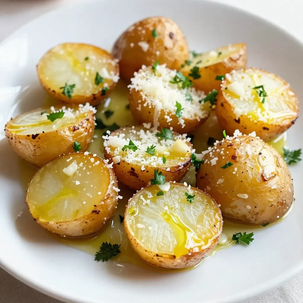 To make Garlic Parmesan Roasted Potatoes, you will need: - 1.5 pounds baby potatoes, halved - 4 cloves of garlic, finely minced - 1/2 cup freshly grated Parmesan cheese - 3 tablespoons extra-virgin olive oil - 1 teaspoon dried oregano - 1 teaspoon smoked paprika - Salt and freshly ground black pepper to taste - Fresh parsley, finely chopped, for garnish You can swap baby potatoes with regular potatoes if needed. Just cut them into smaller pieces. Instead of Parmesan cheese, use Pecorino Romano for a stronger flavor. If you want a vegan option, use nutritional yeast instead of cheese. For garlic lovers, try roasted garlic for a sweet touch. Use fresh herbs if you have them; they add great flavor. When selecting baby potatoes, pick small, firm ones with smooth skin. Avoid any that have blemishes or sprouts. Different types of potatoes can affect the dish. Waxy potatoes, like red or new potatoes, hold their shape well. If you want a fluffier interior, use starchy potatoes like Russets. Always wash potatoes well to remove dirt before cooking. {{ingredient_image_2}} Start by preheating your oven to 425°F (220°C). This step makes sure the oven is hot enough for roasting. A hot oven helps the potatoes turn crispy and golden. Grab a large mixing bowl. Add 1.5 pounds of halved baby potatoes. Then, finely mince 4 cloves of garlic and add that too. Pour in 3 tablespoons of extra-virgin olive oil. Next, add 1 teaspoon of dried oregano and 1 teaspoon of smoked paprika. Don’t forget to season with salt and black pepper. Grab your hands or a spatula. Mix everything well until the potatoes are coated in oil and spices. This ensures every bite is packed with flavor. Line a baking sheet with parchment paper for easy cleanup. Spread the seasoned potatoes in a single layer. Make sure they aren’t crowded; this helps them get crispy. Place the baking sheet in the oven. Roast for about 25 minutes, flipping them halfway through. After 25 minutes, take out the baking sheet. Sprinkle 1/2 cup of freshly grated Parmesan cheese over the potatoes. Then, return the baking sheet to the oven. Roast for another 10-15 minutes until they are golden brown and crispy. Finally, take them out and garnish with fresh parsley. Enjoy your tasty Garlic Parmesan Roasted Potatoes! To make your Garlic Parmesan Roasted Potatoes crispy, start with baby potatoes. Their small size cooks quickly and gives a nice crunch. Halve them to increase the surface area. This helps them get crispy all over. Toss them well with olive oil and spices. Make sure every piece is coated. Use a large baking sheet. This gives them space to roast evenly. Avoid overcrowding the pan. This step is key to getting that golden brown color. Turn the potatoes halfway through roasting. This ensures all sides crisp up nicely. Garlic Parmesan Roasted Potatoes taste great, but you can boost their flavor. Add fresh herbs like rosemary or thyme for a fragrant touch. You can mix in a squeeze of lemon for brightness. For a spicy kick, sprinkle some red pepper flakes. This will give your dish a warm heat. Try using different cheeses too, like Pecorino Romano, for a unique twist. You can also add a dash of balsamic vinegar before serving for depth. Serve your Garlic Parmesan Roasted Potatoes on a large platter. A rustic wooden board or colorful dish works well. Garnish with fresh parsley for a pop of color. You can sprinkle extra Parmesan on top for a cheesy finish. These potatoes pair well with grilled meats or roasted veggies. They also make a great side for a fresh salad. Enjoy them hot for the best texture and flavor! Pro Tips Use Even Sizes: Ensure all potato halves are of similar size to guarantee even cooking and browning. Garlic Infusion: For a deeper garlic flavor, consider roasting the minced garlic with the potatoes for the first 25 minutes. Cheese Variation: Experiment with different cheeses such as Asiago or Pecorino for a unique flavor twist. Storage Tips: Store any leftovers in an airtight container in the fridge for up to 3 days, and reheat in the oven for best results. {{image_4}} You can mix up the herbs to change the flavor. Try using fresh rosemary or thyme for a bright taste. If you want a kick, add some chopped fresh basil. You can also use Italian seasoning for a blend of flavors. Each herb adds its own twist, so feel free to experiment. While Parmesan is tasty, you can swap it out for other cheeses. Grated Pecorino Romano gives a sharper flavor. For a milder touch, use mozzarella or cheddar. Vegan cheese works well too, if you want a dairy-free option. Just remember to adjust the amount based on the cheese's strength. Want to add more veggies? Toss in carrots, bell peppers, or Brussels sprouts with your potatoes. Cut them to similar sizes for even cooking. Mix and match your favorites for a colorful dish. You can even add some onions for extra sweetness. These combinations make your meal more vibrant and healthy. To store leftover garlic Parmesan roasted potatoes, let them cool first. Place them in an airtight container. They will stay fresh for about three days in the fridge. If you want to keep them longer, freezing is a good option. When you’re ready to eat the leftovers, preheat the oven to 350°F (175°C). Spread the potatoes on a baking sheet in a single layer. Heat them for about 10-15 minutes. This will help them regain their crispiness. You can also use a microwave, but they may not be as crunchy. If you freeze the potatoes, make sure they are completely cool. Place them in a freezer-safe bag. They can last up to three months in the freezer. To reheat, follow the same oven method. Just add a few extra minutes to the time, as they will be frozen. Yes, you can use regular potatoes. Just cut them into smaller pieces. Aim for even sizes for even cooking. Larger pieces may need more time to roast. Adjust cooking time as needed. This way, you still get that crispy texture and rich flavor. This recipe is naturally gluten-free. Just use gluten-free ingredients. Check the Parmesan cheese label to ensure it’s gluten-free. You do not need to change any other ingredients. Feel free to enjoy this dish without worry. These potatoes pair well with many dishes. They complement grilled meats like chicken or steak. You can also serve them with roasted vegetables for a nice mix. A fresh salad adds a great crunch. These potatoes fit well in almost any meal! This post covers how to make Garlic Parmesan Roasted Potatoes. We discussed key ingredients, substitutes, and tips for choosing the best potatoes. I shared step-by-step instructions and ways to create a crispy texture. You learned about flavor boosts, serving ideas, and tasty variations. Finally, I provided storage tips to keep leftovers fresh. Enjoy making these potatoes and don’t hesitate to experiment with different flavors! Your kitchen will shine with great meals.