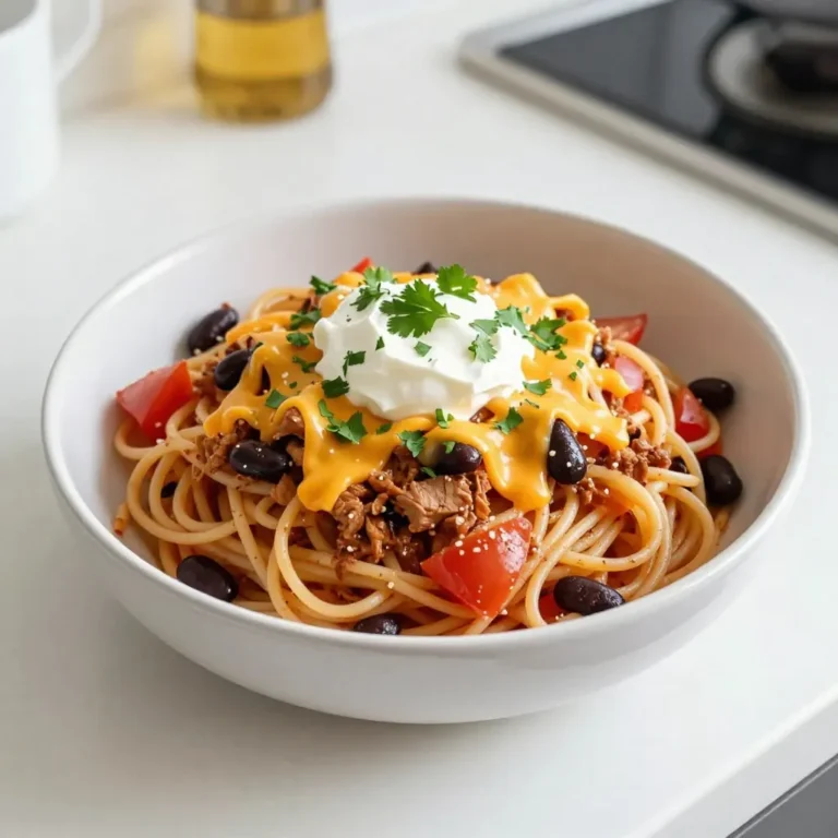 - 12 oz spaghetti - 1 lb ground turkey or beef - 1 medium onion, finely chopped - 2 cloves garlic, minced - 1 bell pepper (choose your favorite color), diced - 1 can (15 oz) black beans, rinsed and drained - 1 can (15 oz) diced tomatoes (with juice) - 1 cup corn (frozen or canned, drained if using canned) - 2 cups chicken or vegetable broth - 2 tablespoons taco seasoning - 1 cup shredded cheddar cheese - Salt and pepper to taste - Fresh cilantro, chopped (for garnish) - Sour cream, for serving The ingredients for One-Pot Taco Spaghetti are simple and tasty. You start with 12 oz of spaghetti, which is the heart of the dish. Next, you need 1 lb of ground turkey or beef for protein. A medium onion adds sweetness and flavor, while 2 cloves of minced garlic give a nice kick. Choose a bell pepper you like; it can be red, green, or yellow for color and crunch. For the additional ingredients, grab a 15 oz can of black beans. Rinse and drain them first. You will also need a 15 oz can of diced tomatoes with their juice. A cup of corn adds sweetness; you can use frozen or canned. Use 2 cups of chicken or vegetable broth for a savory base. The taco seasoning, about 2 tablespoons, brings in that classic taco flavor. Don't forget 1 cup of shredded cheddar cheese for creaminess. You can adjust salt and pepper to your taste. Finally, fresh cilantro makes a bright garnish, and sour cream adds a creamy finish when serving. With these ingredients, you will create a delicious and quick meal that everyone will love! {{ingredient_image_2}} Start by heating a splash of olive oil in a large pot over medium heat. When the oil is hot, add the finely chopped onion, diced bell pepper, and minced garlic. Sauté the vegetables for about 5 minutes. They should become tender and smell great. Next, add the ground turkey or beef to the pot. Cook the meat, stirring regularly for 6 to 7 minutes. Make sure it’s fully browned and cooked through. If there’s extra fat, carefully drain it out. Now, sprinkle the taco seasoning over the meat. Stir well to coat everything evenly with the spices. Pour in the diced tomatoes, black beans, corn, and broth. Mix everything together until well combined. This mixture will be the base of your taco spaghetti. Increase the heat to bring the mixture to a rolling boil. Once boiling, add the spaghetti. Push it down gently into the sauce as much as you can. Now, reduce the heat to medium-low and cover the pot. Let it simmer for about 12 to 15 minutes. Stir occasionally to keep the spaghetti from sticking. The pasta should be cooked through and absorb most of the liquid. If it looks too dry, add a bit more broth or water. When the spaghetti is cooked to your liking, stir in the shredded cheddar cheese. Keep stirring until the cheese melts and makes the dish creamy. Taste your taco spaghetti and add salt and pepper as needed. Remove the pot from the heat and let it sit for a few minutes. This helps it thicken slightly before serving. Finally, garnish with fresh cilantro for a pop of color and flavor. To prevent pasta from sticking, stir it often. This keeps it loose and helps it cook evenly. Adding a splash of olive oil to the pot can also help. Make sure the heat is not too high. Too much heat can lead to uneven cooking. Stirring every few minutes will help your pasta cook just right. You can add extra toppings to make your dish pop. Try sliced jalapeños for heat or diced avocado for creaminess. A sprinkle of lime juice can brighten the flavors too. If you like it spicy, add more taco seasoning or some chili powder. Adjust the spice level to fit your taste. For serving, place the taco spaghetti in individual bowls. Top each bowl with a dollop of sour cream. This adds creaminess to every bite. Fresh cilantro gives a nice color and a burst of freshness. You can also serve it with tortilla chips on the side for crunch. Pro Tips Choose the Right Meat: Ground turkey is a leaner option, while ground beef provides more flavor. Select based on your preference for health or taste. Customize Your Veggies: Feel free to add other vegetables like zucchini or mushrooms to enhance nutrition and flavor. Adjust Spice Level: If you like it spicy, add diced jalapeños or extra taco seasoning to kick up the heat! Make It Ahead: This dish stores well! Prepare it ahead and reheat for easy meals throughout the week. {{image_4}} You can easily change this recipe to fit your needs. If you want a vegetarian or vegan option, swap the meat for lentils or mushrooms. These add great texture and flavor. You can also use plant-based ground meat if you prefer that. For different protein choices, try chicken or even shrimp. Just adjust cooking times for different meats to ensure they cook through. If you need gluten-free options, use gluten-free spaghetti. There are many brands that taste great. You can also try whole wheat spaghetti for a healthier choice. Want to get creative? Use different pasta shapes like penne or fusilli. These shapes hold the sauce well and make eating fun. To spice things up, add unexpected ingredients like jalapeños or hot sauce. You can even include ingredients like olives or avocado for extra flavor. For regional variations, think about using taco spices from different cultures. Try adding cumin for a Mexican twist or curry powder for an Indian flavor. Each change will give you a new take on this dish! To store your leftover taco spaghetti, place it in an airtight container. Make sure to cool it down first. This keeps it fresh and safe to eat later. You can store it in the fridge for up to 3 days. After that, the taste and texture may change. You can freeze taco spaghetti for longer storage. First, let it cool completely. Then, divide it into portions and place them in freezer-safe bags. Make sure to remove excess air. You can freeze it for up to 3 months. To reheat, thaw it in the fridge overnight. Heat it in a pot over low heat, adding a splash of broth if needed. Leftover taco spaghetti is very versatile. You can use it in a taco salad for a fresh twist. Just mix with greens and add your favorite toppings. Another idea is to stuff it into bell peppers and bake. You can enjoy it with a side of garlic bread or a fresh green salad for a complete meal. Yes, you can use different meats. Ground chicken or pork works well too. Each meat adds a unique flavor. Turkey is leaner, while beef offers a richer taste. Adjust cooking times slightly based on the meat used. This dish takes about 30 minutes total. You’ll spend 10 minutes prepping ingredients. Cooking the spaghetti takes about 12-15 minutes. It’s quick and easy, perfect for busy nights. Yes, you can prep this meal ahead. Cook it and store it in the fridge. It stays fresh for up to three days. When ready to eat, just reheat it on the stove. Add a splash of broth if it seems dry. Absolutely! You can add bell peppers, zucchini, or spinach. These veggies boost nutrition and flavor. Just chop them small so they cook well. Mix them in when you sauté the onion and garlic. This one-pot taco spaghetti is simple and fun to make. You learned about essential ingredients like ground turkey, beans, and cheese. I shared tips to enhance flavor and presented ways to change it up. Remember, you can swap meat or pasta for variety. Store leftovers properly to enjoy later. In the end, this dish is great for any meal. Try it out and make it your own!