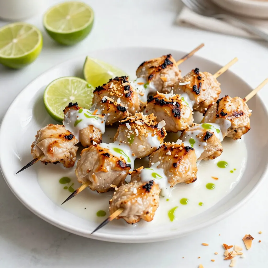 - 1 lb chicken breast, cut into bite-sized pieces - 1 cup creamy coconut milk - Zest of 1 fresh lime - Juice from 2 juicy limes The main ingredients create a fresh and tropical flavor. Chicken breast provides protein, while coconut milk adds creaminess. Lime juice and zest give that bright, zesty kick that makes this dish stand out. - 2 tablespoons honey for sweetness - 2 cloves garlic, finely minced - 1 teaspoon ground ginger for warmth Honey balances the tangy lime with sweetness. Garlic gives a savory note, while ginger adds a warm spice. These flavors work together to make each bite pop. - 1 tablespoon soy sauce (or coconut aminos for a gluten-free option) - 1 teaspoon salt - ½ teaspoon freshly ground black pepper Soy sauce or coconut aminos adds umami depth. Salt enhances all the flavors, and black pepper adds a mild heat. Together, they make a perfect marinade that soaks into the chicken. {{ingredient_image_2}} Start by making the marinade. In a large bowl, whisk together these ingredients: - 1 cup creamy coconut milk - Zest of 1 fresh lime - Juice from 2 juicy limes - 2 tablespoons honey - 1 tablespoon soy sauce - 2 cloves garlic, minced - 1 teaspoon ground ginger - 1 teaspoon salt - ½ teaspoon black pepper Whisk until smooth. Now, add the chicken breast pieces. Make sure each piece gets coated well in the marinade. Cover the bowl with plastic wrap. Put it in the fridge for at least one hour. If you have time, let it marinate overnight. This helps the flavors soak into the chicken. If you use wooden skewers, soak them in water for about 30 minutes. This stops them from burning on the grill. While the skewers soak, preheat your grill or grill pan. Set it to medium-high heat. This gets it hot enough to cook the chicken perfectly. Now, it's time to skewer the chicken. Take the marinated pieces and thread them onto the skewers. Leave small gaps between the pieces. This helps them cook evenly. When your grill is hot, place the skewers on it. Grill for about 10-12 minutes. Turn them often for even cooking. Use a meat thermometer to check the chicken’s internal temperature. It should reach 165°F (75°C) for safe eating. Marinating chicken adds flavor and moisture. It makes each bite burst with taste. Aim to marinate the chicken for at least one hour. For the best results, let it sit overnight. This extra time helps the flavors soak in deeply. You can use glass, plastic, or even zip-top bags for marinating. Make sure the chicken stays fully covered in the marinade. This helps each piece get the same yummy taste. To ensure an even cook, space the chicken pieces well on the skewers. This allows heat to circulate around them. Grill the skewers over medium-high heat. This gives the chicken a nice, juicy texture. Achieving the perfect char takes practice. Turn the skewers every few minutes. This helps create that beautiful golden crust. Always check that the chicken reaches an internal temperature of 165°F (75°C). This keeps your meal safe and tasty. Presentation matters when serving your skewers. Arrange them on a bright platter. Add lime wedges and fresh cilantro for color and aroma. Sprinkle extra lime zest or toasted coconut flakes on top for a fun touch. For side dishes, try coconut rice or a fresh salad. These pair well with the skewers. They add balance to your meal and keep it light and refreshing. Pro Tips Marinate Longer for More Flavor: For the best taste, marinate the chicken overnight. This allows the flavors to deeply penetrate the meat, resulting in a juicier and more flavorful dish. Use Fresh Ingredients: Opt for fresh limes and garlic to enhance the overall flavor profile. Fresh ingredients provide a vibrant taste that dried or bottled alternatives cannot match. Check Doneness with a Thermometer: To ensure the chicken is safely cooked, use a meat thermometer. The internal temperature should reach 165°F (75°C) for safe consumption. Experiment with Veggies: Feel free to add colorful vegetables like bell peppers, onions, or zucchini to the skewers. They not only add flavor but also make for a more visually appealing dish! {{image_4}} You can swap chicken for other proteins. Tofu works well for a plant-based meal. Shrimp is another great choice if you want a seafood option. Both alternatives soak up the flavors nicely. If you want a dairy-free option, you can use other plant milks. Almond milk or oat milk can work, but they will change the taste. Coconut milk gives a creamy touch that enhances the dish. To boost the taste, add spices like paprika or cayenne pepper. Fresh herbs like cilantro or mint can brighten the dish. You can also mix in some crushed red pepper for heat. For a sweet and spicy twist, try adding mango or pineapple. A bit of chili sauce can also add a kick. These changes can make your skewers unique and fun. If you don't want to grill, you can bake or broil the skewers. Preheat your oven to 400°F (200°C) for baking. Place the skewers on a baking sheet and cook for about 15-20 minutes. Another option is skillet cooking. Heat some oil in a pan over medium heat. Cook the skewers for 10-12 minutes, turning them to brown all sides. This method gives you a nice crust and flavor. To keep your Coconut Lime Chicken Skewers fresh, follow these steps: - Refrigeration: Place leftover skewers in the fridge within two hours of cooking. - Containers: Use airtight containers or wrap them tightly in plastic wrap. This keeps the chicken moist and prevents odors. When it comes time to enjoy your leftovers, here are the best ways to reheat: - Oven: Preheat to 350°F (175°C). Place skewers on a baking sheet and heat for about 10-15 minutes. - Microwave: Heat on medium power for 1-2 minutes. Check to avoid overcooking. Always ensure the chicken is heated to 165°F (75°C) to be safe. For long-term storage, freezing is a great option: - Uncooked Skewers: Freeze the marinated chicken on the skewers. Wrap them tight in plastic and place in a freezer bag. They can last up to three months. - Cooked Skewers: Cool completely, then wrap and freeze. They will also last for about three months. Thawing Instructions: Thaw in the fridge overnight. You can reheat directly from frozen, but cooking time will be longer. Yes, you can prepare Coconut Lime Chicken Skewers in advance. Marinate the chicken a day before. This gives time for the flavors to soak in. Store the marinated chicken in the fridge. Keep it covered with plastic wrap or in a sealed container. When you are ready to grill, simply thread the chicken onto skewers. If you use wooden skewers, remember to soak them in water for 30 minutes. This helps prevent burning while grilling. Coconut Lime Chicken Skewers pair well with many sides. Here are some great options: - Coconut Rice: It adds a creamy, tropical flavor. - Fresh Salad: A light salad with lime vinaigrette brightens the meal. - Grilled Veggies: Bell peppers and zucchini add color and taste. - Chips and Salsa: A fun, crunchy side that complements the skewers. - Cold Beverages: Try coconut water or a light beer for refreshment. To ensure your chicken is safe to eat, check its internal temperature. The chicken should reach 165°F (75°C). Use a meat thermometer for the best results. You can also look for visual cues. The chicken should be opaque and the juices should run clear. If you see any pink inside, it needs more cooking time. Always prioritize food safety when grilling. Coconut lime chicken skewers are easy and tasty. You learned about ingredients, marinating, and grilling. Remember to soak your skewers and check the chicken's temperature. You can tweak the recipe with different meats or cooking methods. Store leftovers in the fridge and reheat carefully. This dish shines when garnished and served with sides. Enjoy making these skewers and impress your family and friends!