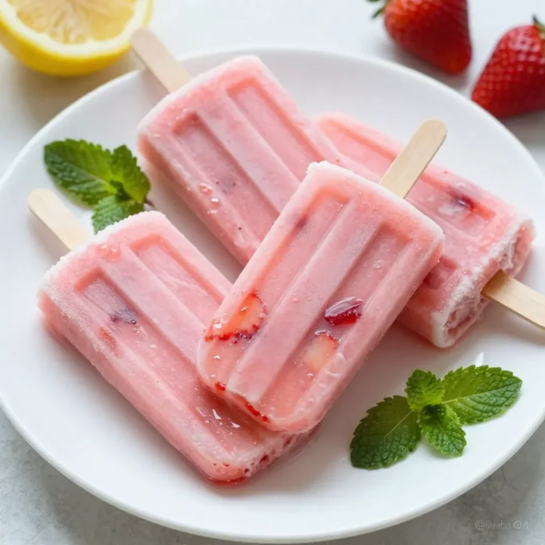 You need 2 cups of fresh strawberries. Make sure they are ripe and sweet. Hull them and slice them for the best flavor. Fresh strawberries give a nice color and taste to the popsicles. Use 1 cup of freshly squeezed lemon juice. This usually comes from about 4 to 6 lemons. The juice adds a bright, tangy flavor. Don’t forget the zest of 1 lemon. It brings a nice extra punch to the mix. For sweetness, add 1/2 cup of honey or agave syrup. You can adjust this amount based on how sweet you like your popsicles. Honey brings a rich flavor, while agave syrup is lighter. Add 1 cup of water to help blend the flavors. A pinch of salt is also important. It enhances the taste and balances the sweetness. For a fun touch, you can add fresh mint leaves as a garnish. They add a pop of color and a refreshing taste. You don’t have to use them, but they make your popsicles look fancy! {{ingredient_image_2}} Start by washing 2 cups of fresh strawberries. Remove the green tops and slice them into smaller pieces. Next, grab 4 to 6 lemons, depending on their size. Squeeze them to get 1 cup of fresh lemon juice. This juice gives your popsicles a bright, zesty flavor. Now, take your sliced strawberries and lemon juice. In a blender, add the strawberries, lemon juice, 1/2 cup of honey or agave syrup, and 1 cup of water. Also, add the zest of 1 lemon and a pinch of salt. Blend on high speed until it is smooth. Taste your mix. If it needs more sweetness, add a bit more honey or agave. Carefully pour your strawberry lemonade mix into popsicle molds. Fill each mold about three-quarters full. This allows space for the popsicles to expand when they freeze. Insert the popsicle sticks into the molds, making sure they are straight. Place the molds in the freezer. Let them freeze for at least 6 hours or until they are completely solid. To enjoy your popsicles, run warm water over the outside of the molds for a few seconds. This helps the popsicles come out easily. Gently pull them out with a light tug. For a fun touch, garnish with fresh mint leaves before serving. When you blend, start with the softer fruits first. This helps the blades work better. Add strawberries and lemon juice first. Then, pour in the water and sweetener. Blend until smooth. If it’s too thick, add more water. This makes a creamier popsicle. Taste your mixture before freezing. If it’s too tart, add more honey or agave syrup. Start with a little, then blend again. Remember, once frozen, popsicles taste less sweet. Adjust sweetness to your liking before you pour the mixture into molds. To get even popsicles, pour the mixture slowly. Fill each mold about three-quarters full. This allows room for the mixture to expand. If you fill them too much, they may spill over. For best results, ensure all molds are filled to the same level. To release popsicles easily, use warm water. Run it over the outside of the molds for a few seconds. This helps warm the edges. If the popsicles still stick, twist gently while pulling. A slow pull can help avoid breaks. Pro Tips Choose Ripe Strawberries: Ensure your strawberries are ripe for the best flavor. They should be bright red and fragrant to provide the sweetest popsicles possible. Adjust Sweetness to Taste: Before pouring into molds, taste the mixture and adjust the sweetness with more honey or agave syrup according to your preference. Experiment with Flavors: Feel free to add other fruits, like blueberries or raspberries, to create a mixed berry popsicle or even a splash of coconut water for a tropical twist. Storage Tips: Store leftover popsicles in a freezer-safe bag or container to prevent freezer burn and maintain their flavor for longer. {{image_4}} You can easily mix in other fruits for fun flavors. Try adding ripe peaches, blueberries, or raspberries. Simply chop them up and blend them in. Each fruit brings its own taste and color. Your popsicles will look and taste great! If you want a different sweetness, use maple syrup or coconut sugar. These options give a unique flavor. Adjust the amount based on your taste. Always taste the mixture before pouring it into molds. Herbs can add a fresh twist to your popsicles. Consider adding fresh basil or rosemary for a unique taste. Blend the herbs with your fruit mixture. For a spicy kick, add a dash of cayenne pepper. This can surprise your taste buds! You can swap out lemon juice for other citrus juices. Try lime or orange juice for a new flavor. Mixing juices can create a fruity burst. Experiment with combinations until you find your favorite mix. This keeps your popsicles exciting and fresh! Store your strawberry lemonade popsicles in an airtight container. If you use molds, remove the popsicles first. Wrap each popsicle in plastic wrap to keep them fresh. This helps prevent ice crystals from forming. These popsicles stay tasty in the freezer for about two months. After that, they may lose flavor or texture. Use a marker to write the date on the container. This way, you will know how long they have been stored. To enjoy your popsicles, you can thaw them in a few ways. The quickest method is to run warm water over the outside of the molds. This melts the ice slightly and helps release the popsicles. If you have time, let them sit at room temperature for a few minutes. This will also help them soften a bit before you eat them. Yes, you can use frozen strawberries. They will blend well and create a nice texture. Just let them thaw slightly before blending. This helps them mix better with the other ingredients. The flavor may be a bit different, but they will still taste great. The popsicles take at least 6 hours to freeze. If you want them extra firm, leave them overnight. Make sure they are solid before trying to remove them from the molds. Patience is key for the best popsicle experience! You can use maple syrup or a sugar substitute like stevia. Adjust the amount based on your taste. If you prefer a less sweet option, reduce the amount you add. Just remember, sweetness is personal! Yes, these popsicles are vegan if you use agave syrup. Honey is the only ingredient that is not vegan. Simply swap honey for agave or maple syrup for a vegan-friendly treat. Enjoy without guilt! Yes, you can add alcohol. A splash of vodka or rum can make these popsicles a fun adult treat. Just remember to keep the total liquid amount the same. This keeps the texture smooth and the popsicles firm. Enjoy responsibly! Making Strawberry Lemonade Popsicles is fun and simple. We covered fresh ingredients like strawberries and lemon juice. I shared step-by-step instructions for preparation and freezing. You learned tips to adjust sweetness and prevent sticking. I also offered variations for added flavor and storage info to keep them fresh. These easy popsicles are great for hot days. Try different fruits or sweeteners to make them your own. Enjoy these tasty treats while staying cool!
