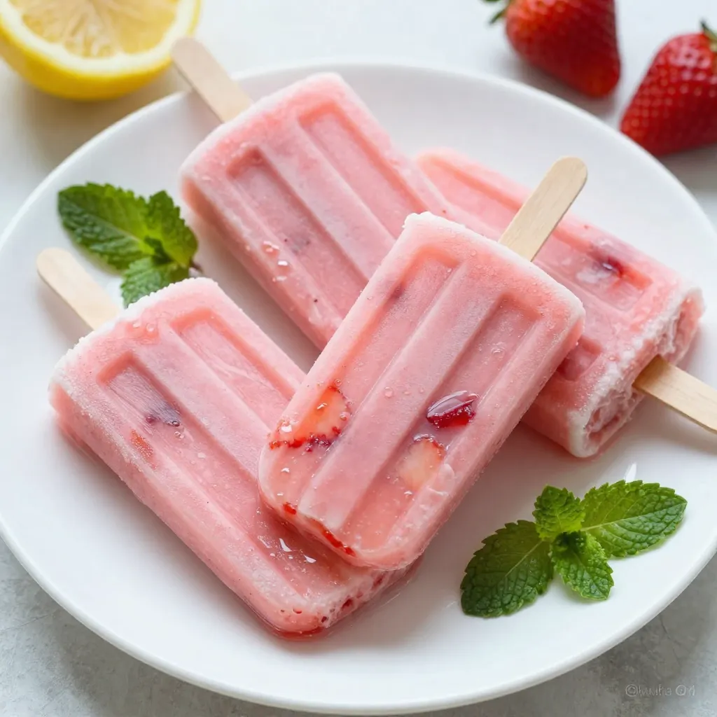You need 2 cups of fresh strawberries. Make sure they are ripe and sweet. Hull them and slice them for the best flavor. Fresh strawberries give a nice color and taste to the popsicles. Use 1 cup of freshly squeezed lemon juice. This usually comes from about 4 to 6 lemons. The juice adds a bright, tangy flavor. Don’t forget the zest of 1 lemon. It brings a nice extra punch to the mix. For sweetness, add 1/2 cup of honey or agave syrup. You can adjust this amount based on how sweet you like your popsicles. Honey brings a rich flavor, while agave syrup is lighter. Add 1 cup of water to help blend the flavors. A pinch of salt is also important. It enhances the taste and balances the sweetness. For a fun touch, you can add fresh mint leaves as a garnish. They add a pop of color and a refreshing taste. You don’t have to use them, but they make your popsicles look fancy! {{ingredient_image_2}} Start by washing 2 cups of fresh strawberries. Remove the green tops and slice them into smaller pieces. Next, grab 4 to 6 lemons, depending on their size. Squeeze them to get 1 cup of fresh lemon juice. This juice gives your popsicles a bright, zesty flavor. Now, take your sliced strawberries and lemon juice. In a blender, add the strawberries, lemon juice, 1/2 cup of honey or agave syrup, and 1 cup of water. Also, add the zest of 1 lemon and a pinch of salt. Blend on high speed until it is smooth. Taste your mix. If it needs more sweetness, add a bit more honey or agave. Carefully pour your strawberry lemonade mix into popsicle molds. Fill each mold about three-quarters full. This allows space for the popsicles to expand when they freeze. Insert the popsicle sticks into the molds, making sure they are straight. Place the molds in the freezer. Let them freeze for at least 6 hours or until they are completely solid. To enjoy your popsicles, run warm water over the outside of the molds for a few seconds. This helps the popsicles come out easily. Gently pull them out with a light tug. For a fun touch, garnish with fresh mint leaves before serving. When you blend, start with the softer fruits first. This helps the blades work better. Add strawberries and lemon juice first. Then, pour in the water and sweetener. Blend until smooth. If it’s too thick, add more water. This makes a creamier popsicle. Taste your mixture before freezing. If it’s too tart, add more honey or agave syrup. Start with a little, then blend again. Remember, once frozen, popsicles taste less sweet. Adjust sweetness to your liking before you pour the mixture into molds. To get even popsicles, pour the mixture slowly. Fill each mold about three-quarters full. This allows room for the mixture to expand. If you fill them too much, they may spill over. For best results, ensure all molds are filled to the same level. To release popsicles easily, use warm water. Run it over the outside of the molds for a few seconds. This helps warm the edges. If the popsicles still stick, twist gently while pulling. A slow pull can help avoid breaks. Pro Tips Choose Ripe Strawberries: Ensure your strawberries are ripe for the best flavor. They should be bright red and fragrant to provide the sweetest popsicles possible. Adjust Sweetness to Taste: Before pouring into molds, taste the mixture and adjust the sweetness with more honey or agave syrup according to your preference. Experiment with Flavors: Feel free to add other fruits, like blueberries or raspberries, to create a mixed berry popsicle or even a splash of coconut water for a tropical twist. Storage Tips: Store leftover popsicles in a freezer-safe bag or container to prevent freezer burn and maintain their flavor for longer. {{image_4}} You can easily mix in other fruits for fun flavors. Try adding ripe peaches, blueberries, or raspberries. Simply chop them up and blend them in. Each fruit brings its own taste and color. Your popsicles will look and taste great! If you want a different sweetness, use maple syrup or coconut sugar. These options give a unique flavor. Adjust the amount based on your taste. Always taste the mixture before pouring it into molds. Herbs can add a fresh twist to your popsicles. Consider adding fresh basil or rosemary for a unique taste. Blend the herbs with your fruit mixture. For a spicy kick, add a dash of cayenne pepper. This can surprise your taste buds! You can swap out lemon juice for other citrus juices. Try lime or orange juice for a new flavor. Mixing juices can create a fruity burst. Experiment with combinations until you find your favorite mix. This keeps your popsicles exciting and fresh! Store your strawberry lemonade popsicles in an airtight container. If you use molds, remove the popsicles first. Wrap each popsicle in plastic wrap to keep them fresh. This helps prevent ice crystals from forming. These popsicles stay tasty in the freezer for about two months. After that, they may lose flavor or texture. Use a marker to write the date on the container. This way, you will know how long they have been stored. To enjoy your popsicles, you can thaw them in a few ways. The quickest method is to run warm water over the outside of the molds. This melts the ice slightly and helps release the popsicles. If you have time, let them sit at room temperature for a few minutes. This will also help them soften a bit before you eat them. Yes, you can use frozen strawberries. They will blend well and create a nice texture. Just let them thaw slightly before blending. This helps them mix better with the other ingredients. The flavor may be a bit different, but they will still taste great. The popsicles take at least 6 hours to freeze. If you want them extra firm, leave them overnight. Make sure they are solid before trying to remove them from the molds. Patience is key for the best popsicle experience! You can use maple syrup or a sugar substitute like stevia. Adjust the amount based on your taste. If you prefer a less sweet option, reduce the amount you add. Just remember, sweetness is personal! Yes, these popsicles are vegan if you use agave syrup. Honey is the only ingredient that is not vegan. Simply swap honey for agave or maple syrup for a vegan-friendly treat. Enjoy without guilt! Yes, you can add alcohol. A splash of vodka or rum can make these popsicles a fun adult treat. Just remember to keep the total liquid amount the same. This keeps the texture smooth and the popsicles firm. Enjoy responsibly! Making Strawberry Lemonade Popsicles is fun and simple. We covered fresh ingredients like strawberries and lemon juice. I shared step-by-step instructions for preparation and freezing. You learned tips to adjust sweetness and prevent sticking. I also offered variations for added flavor and storage info to keep them fresh. These easy popsicles are great for hot days. Try different fruits or sweeteners to make them your own. Enjoy these tasty treats while staying cool!